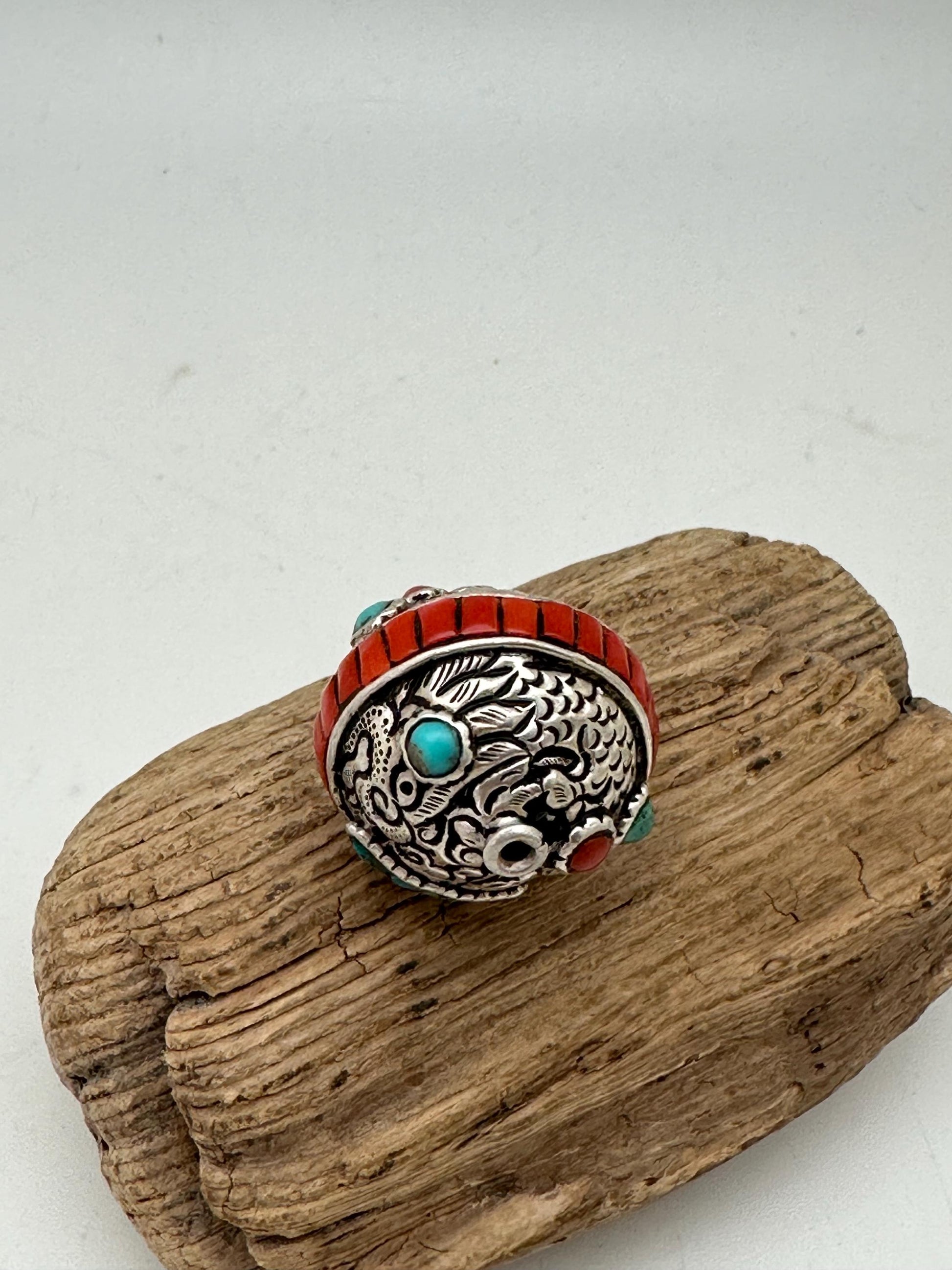 Tibetan beads, sterling silver bead, inlaid turquoise and coral, all natural
