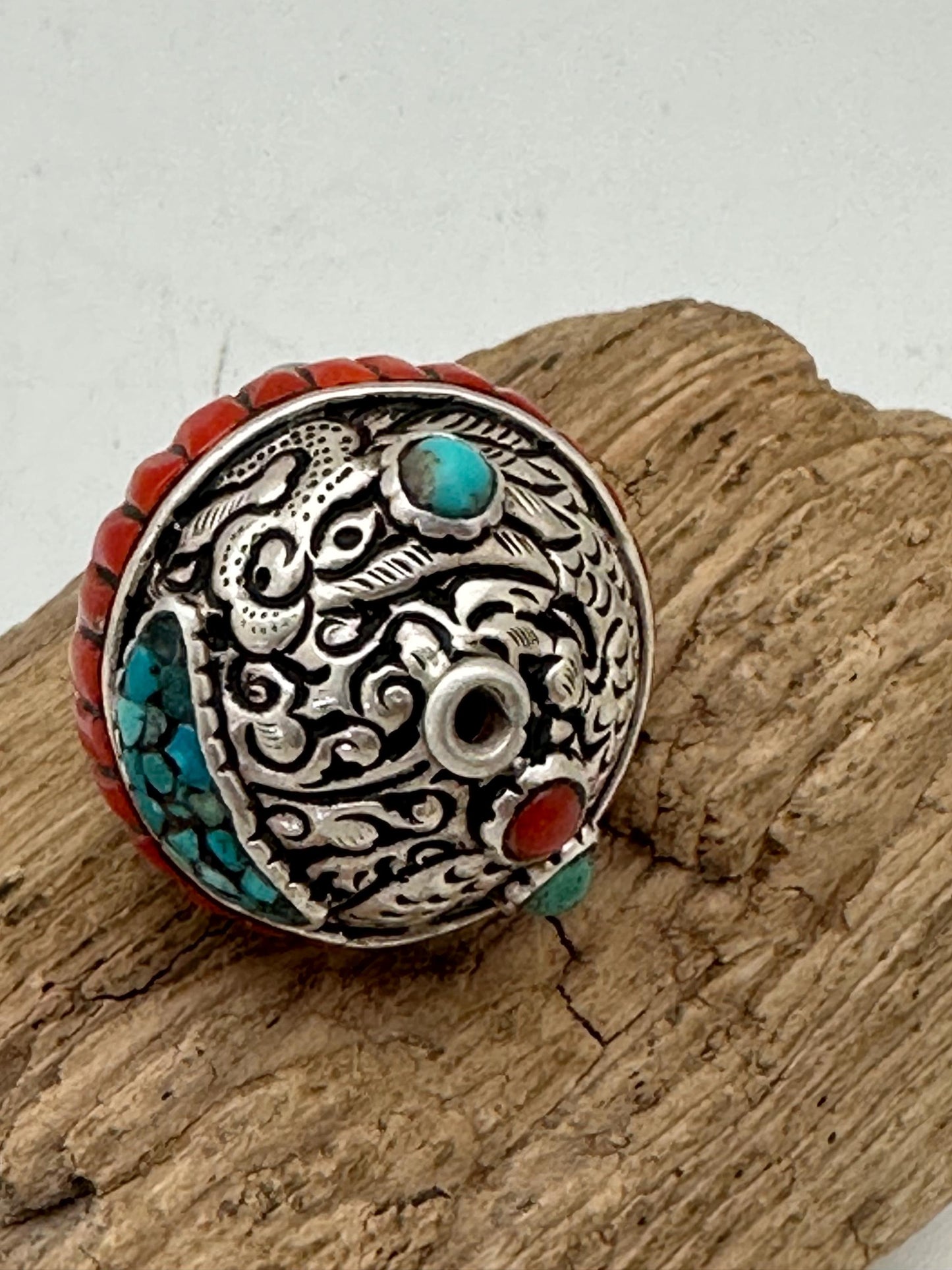 Tibetan beads, sterling silver bead, inlaid turquoise and coral, all natural