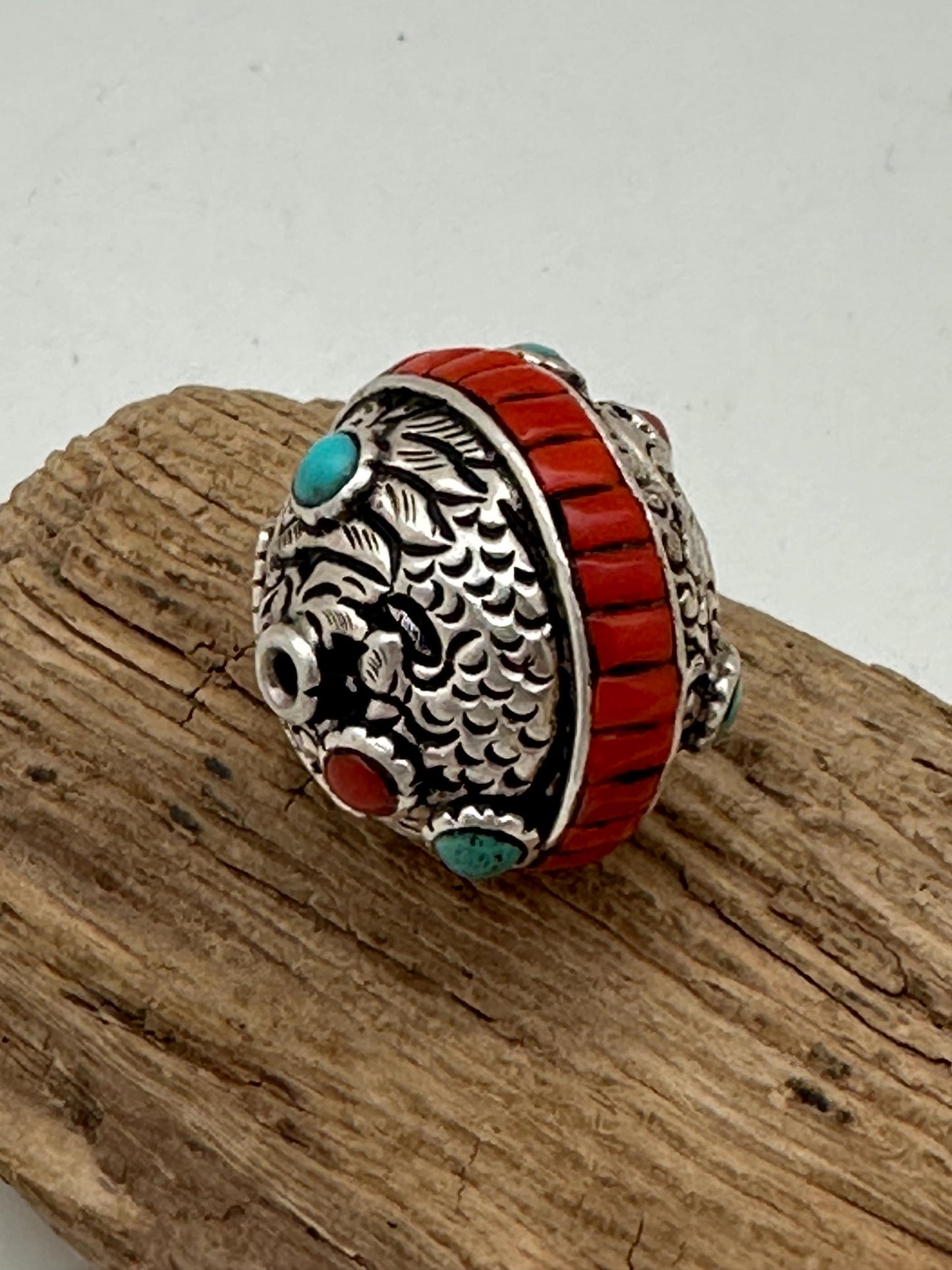 Tibetan beads, sterling silver bead, inlaid turquoise and coral, all natural