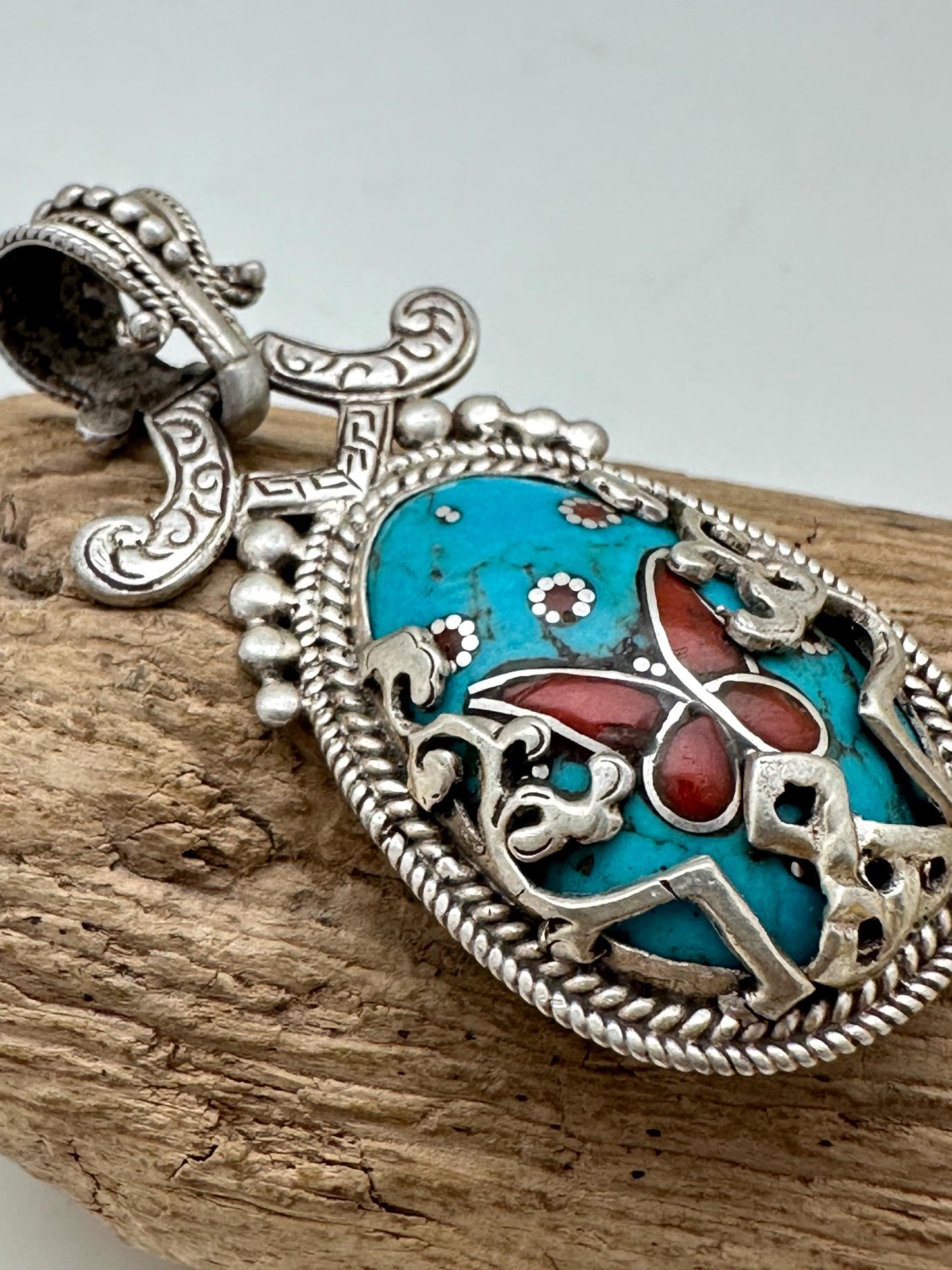 Tibetan turquoise butterfly pendant, coral inlay sterling silver, handcrafted, Tibetan design, Nepalese