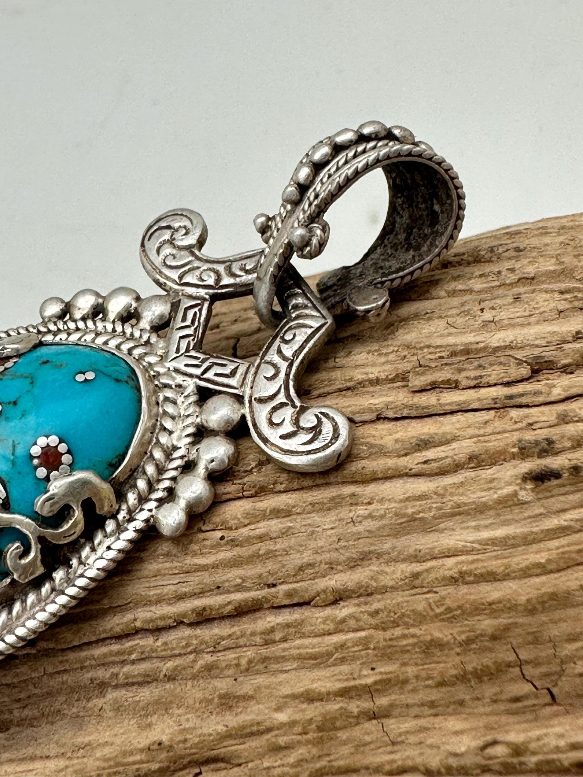 Tibetan turquoise butterfly pendant, coral inlay sterling silver, handcrafted, Tibetan design, Nepalese
