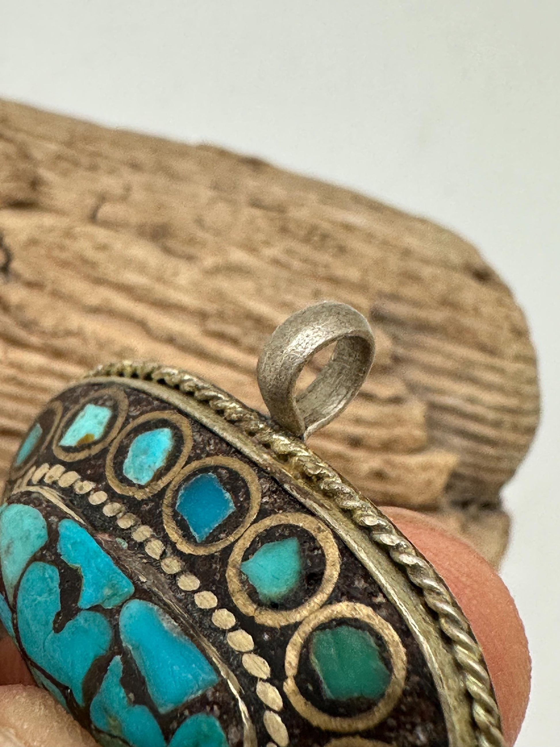 Tibetan pendant, inlaid turquoise with brass, handcrafted, ethnic design