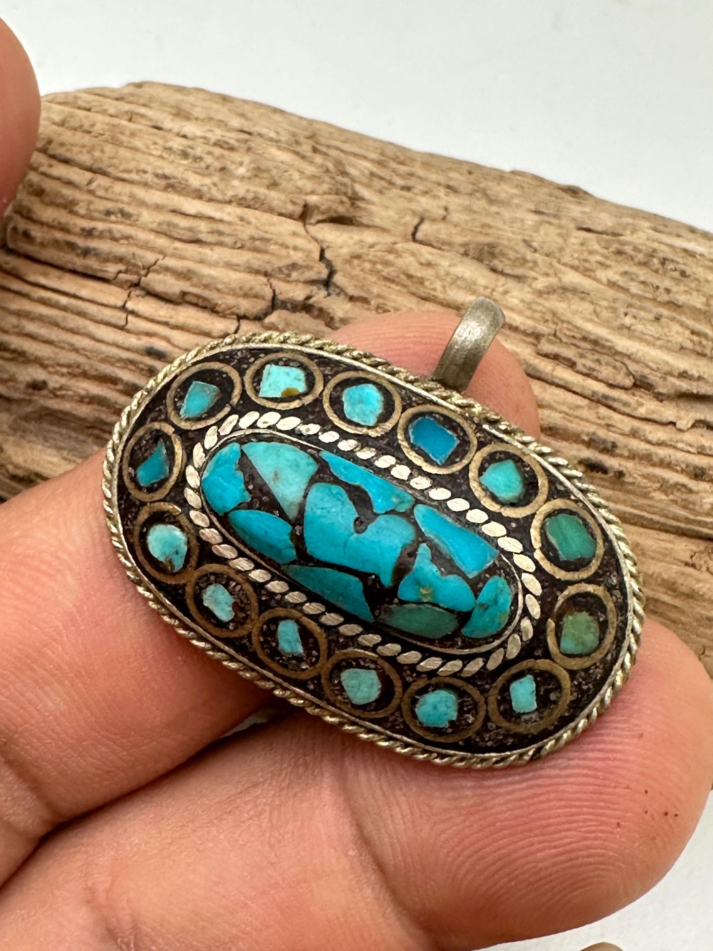 Tibetan pendant, inlaid turquoise with brass, handcrafted, ethnic design