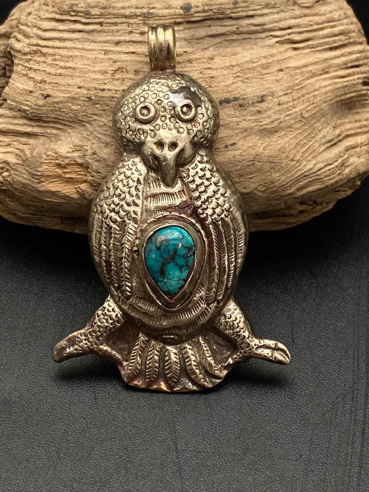 Handcrafted Turquoise Owl Pendant: Tibetan Silver Ethnic Design