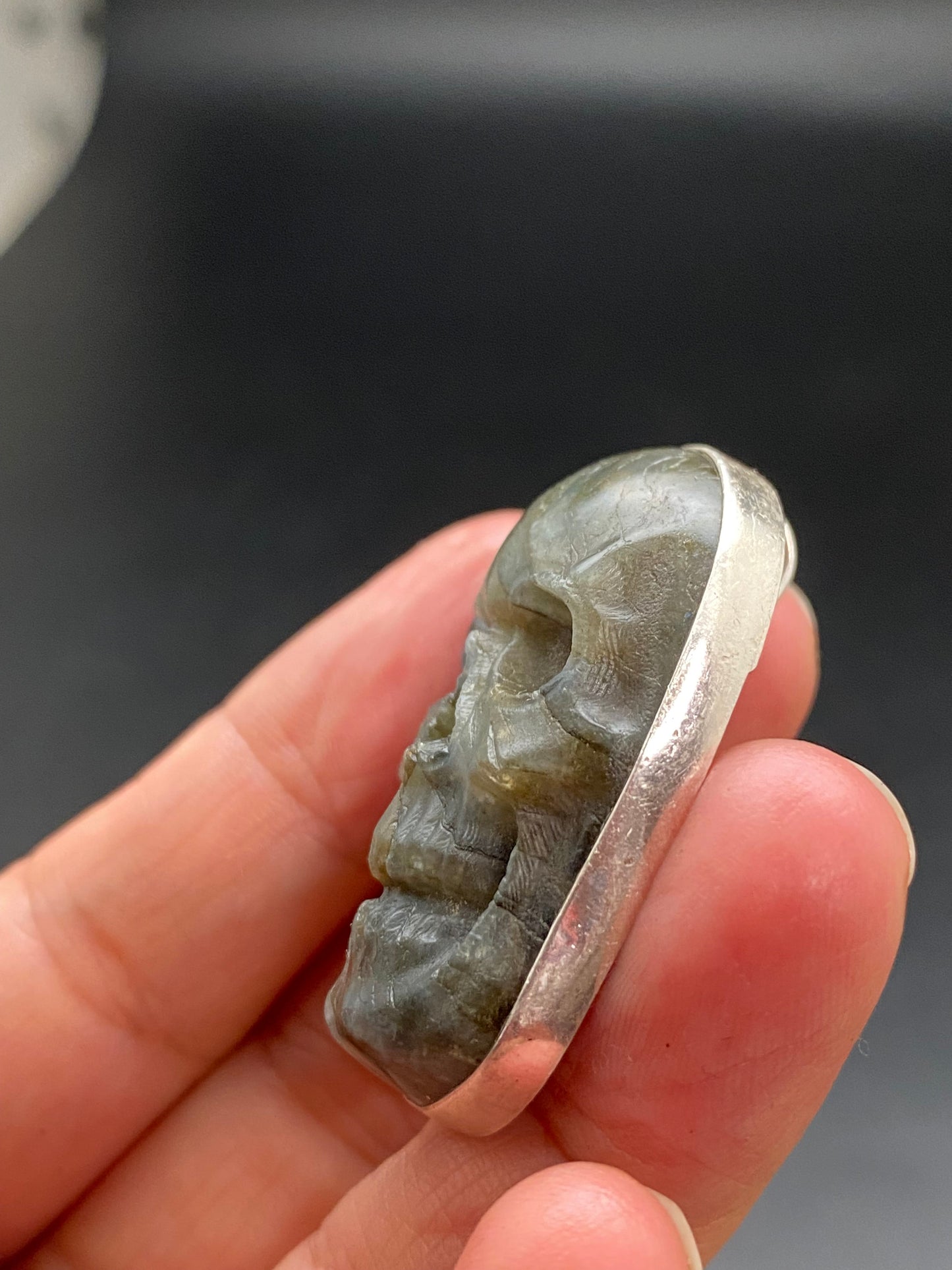 labradorite carved skull pendant, handcrafted,sterling silver, ethnic design,Nepalese