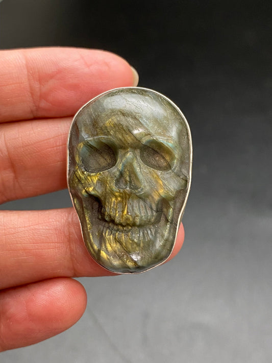 labradorite carved skull pendant, handcrafted,sterling silver, ethnic design,Nepalese