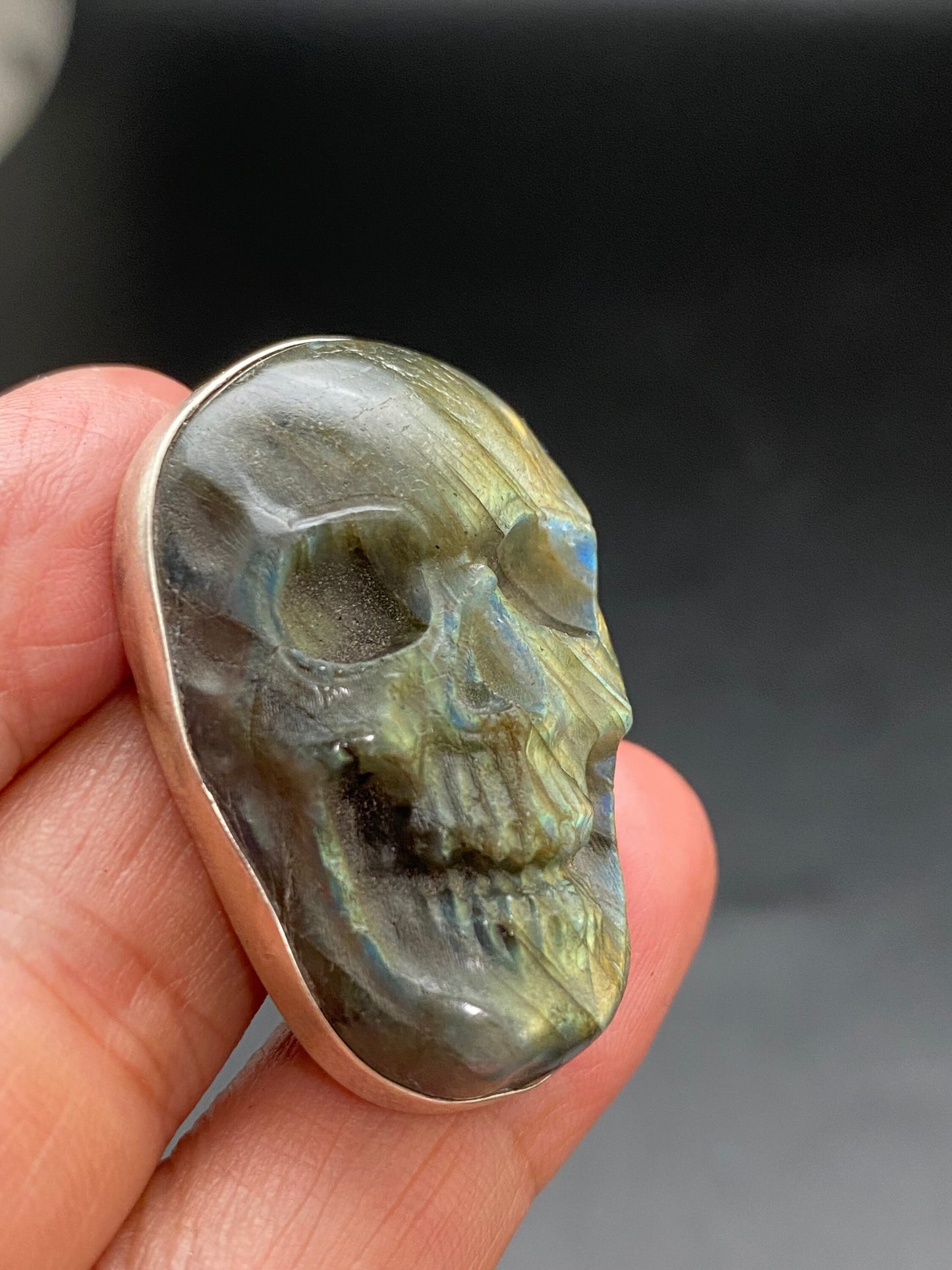 labradorite carved skull pendant, handcrafted,sterling silver, ethnic design,Nepalese