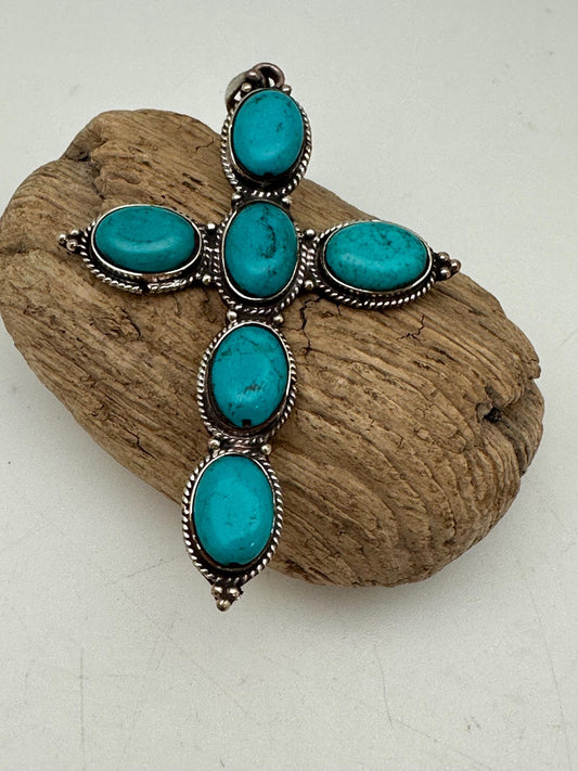 cross pendant, turquoise with Tibetan silver
