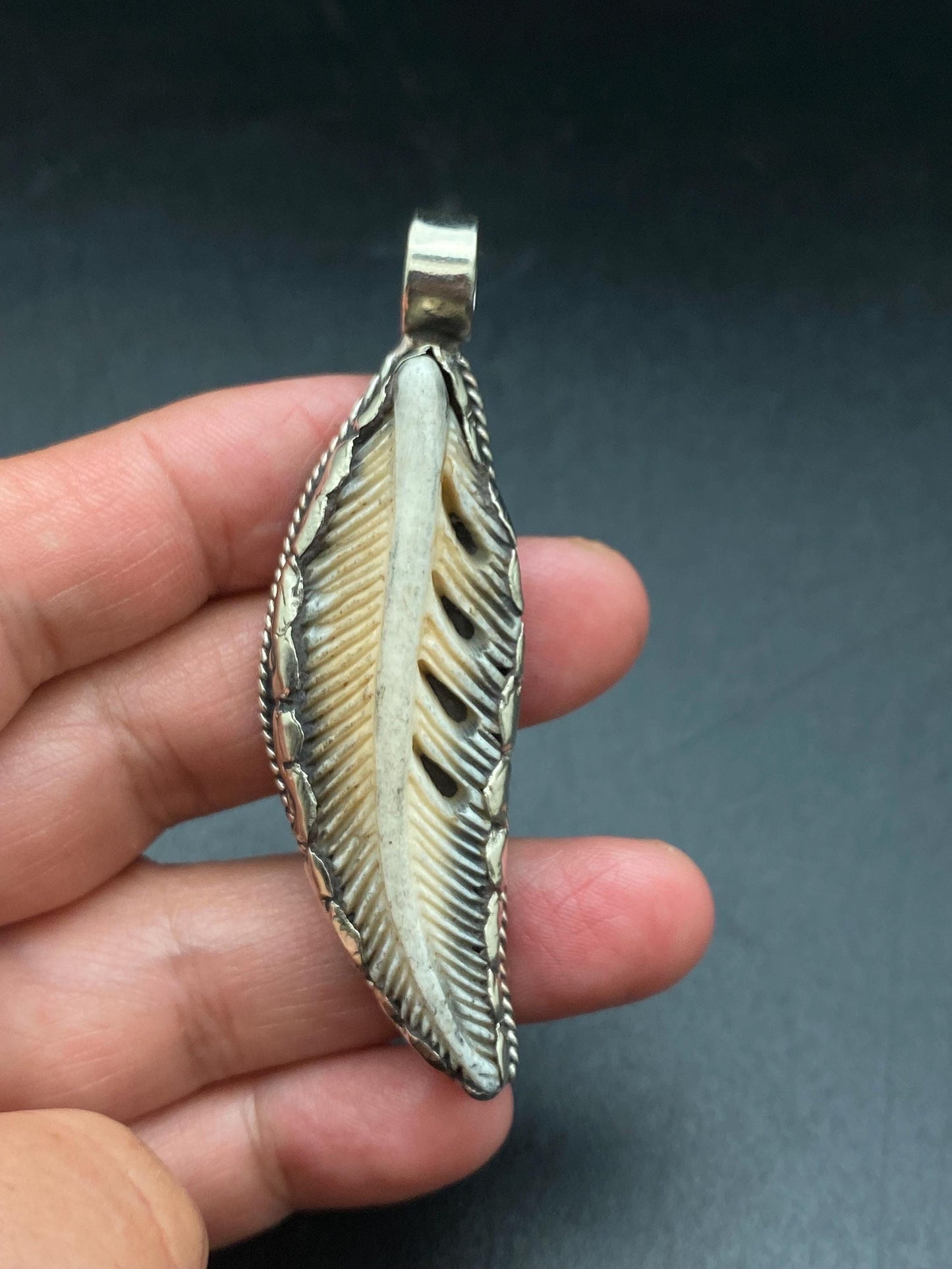 Bone carved feather pendant,handcrafted,Tibetan silver,Nepalese
