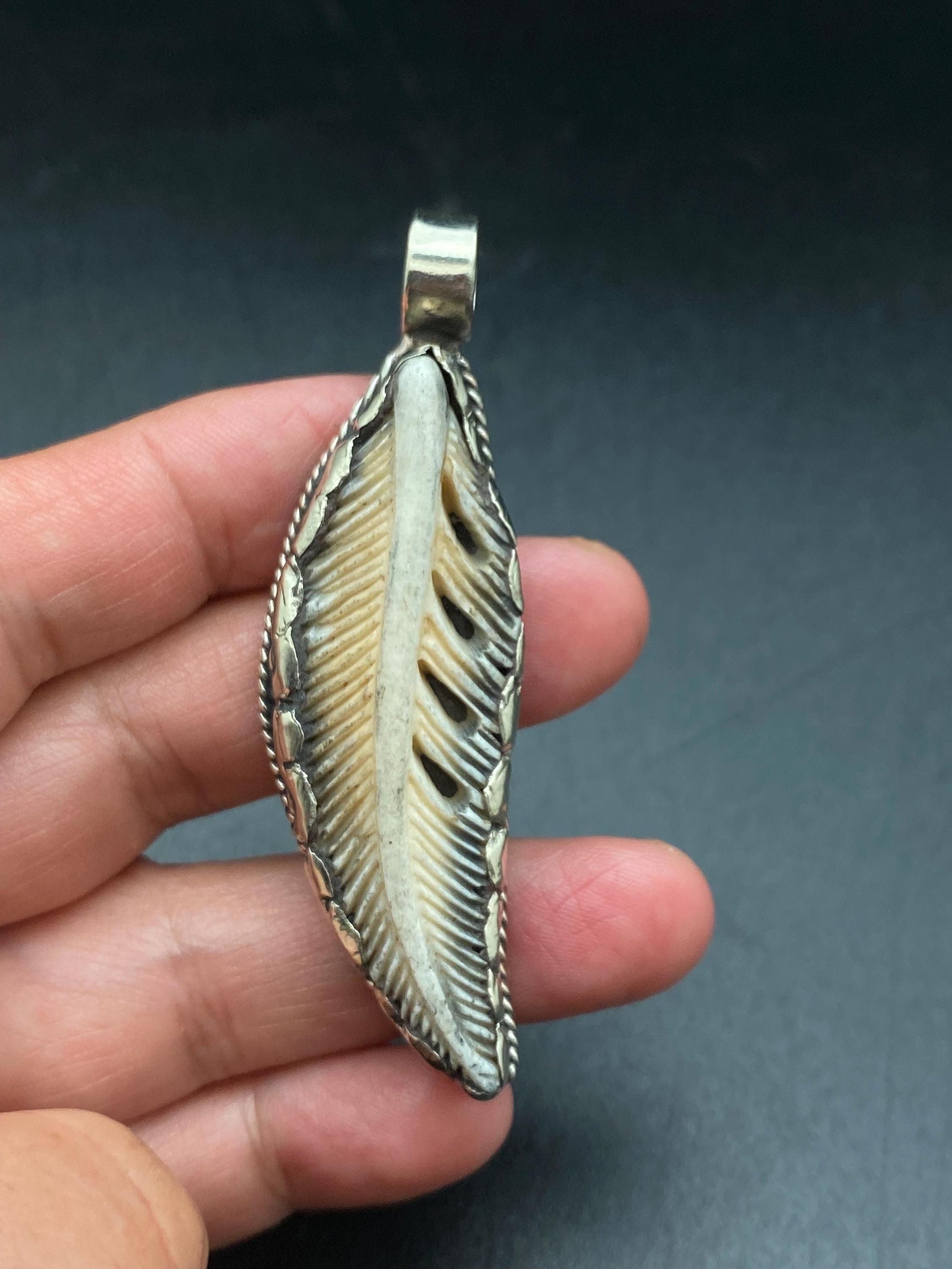 Bone carved feather pendant,handcrafted,Tibetan silver,Nepalese