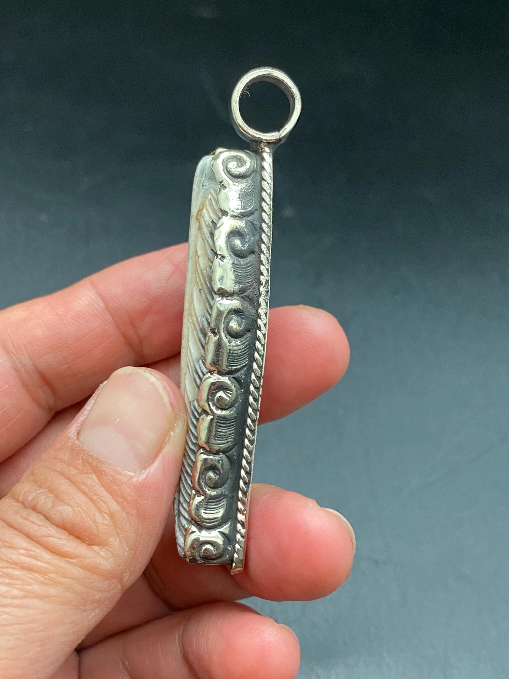 Bone carved feather pendant,handcrafted,Tibetan silver,Nepalese
