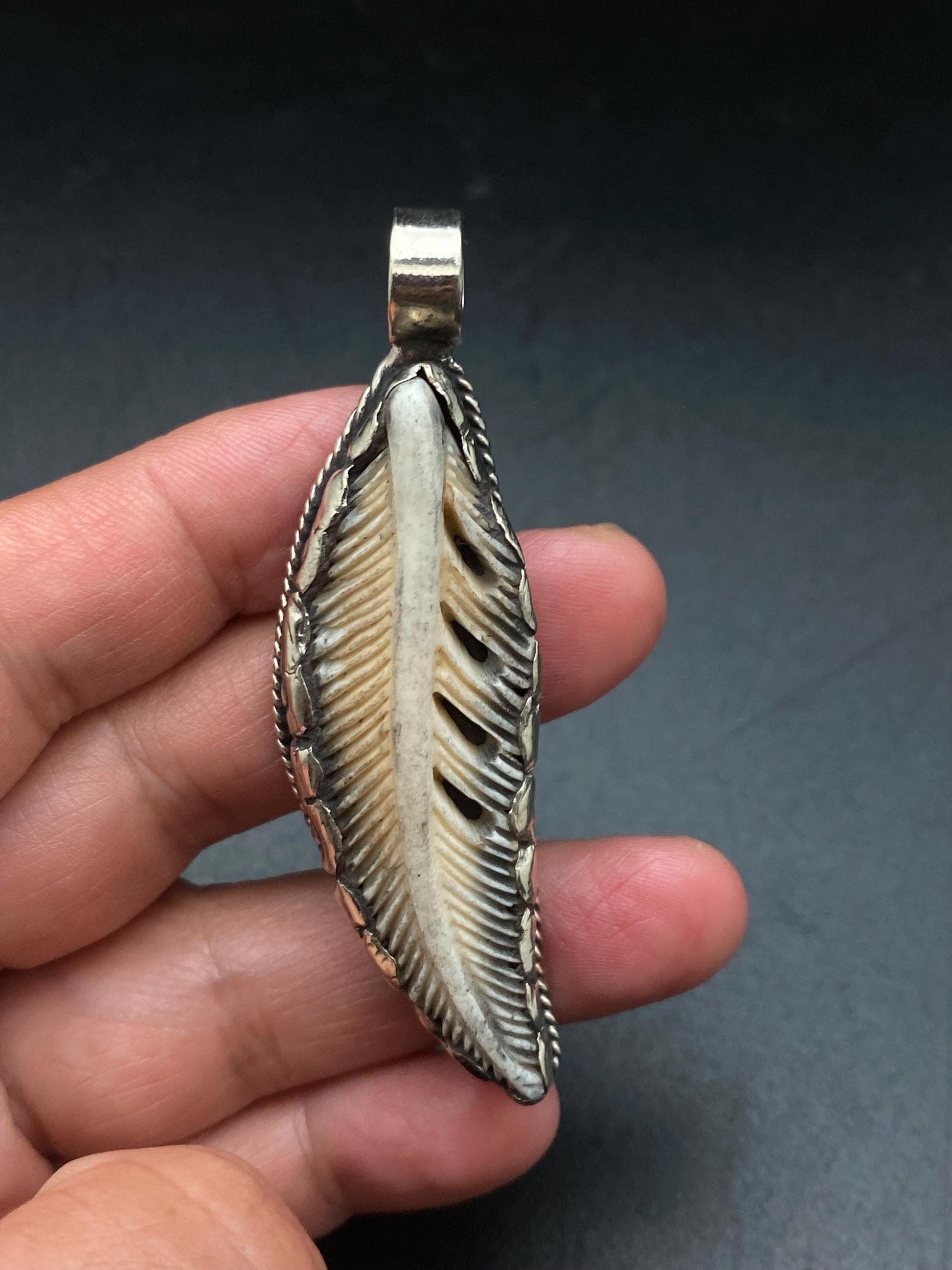 Bone carved feather pendant,handcrafted,Tibetan silver,Nepalese
