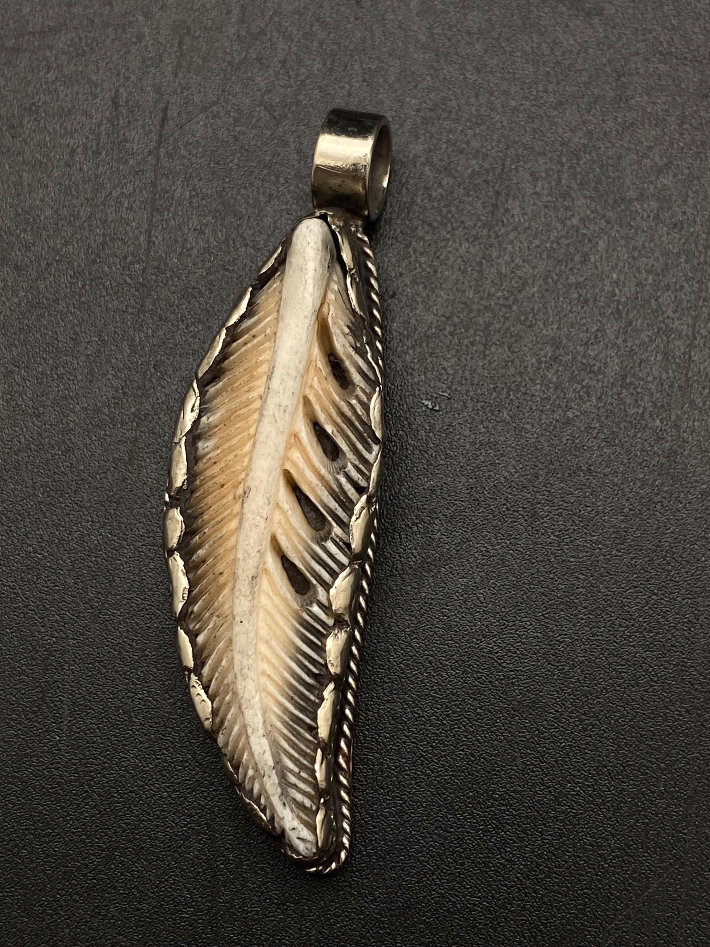 Bone carved feather pendant,handcrafted,Tibetan silver,Nepalese