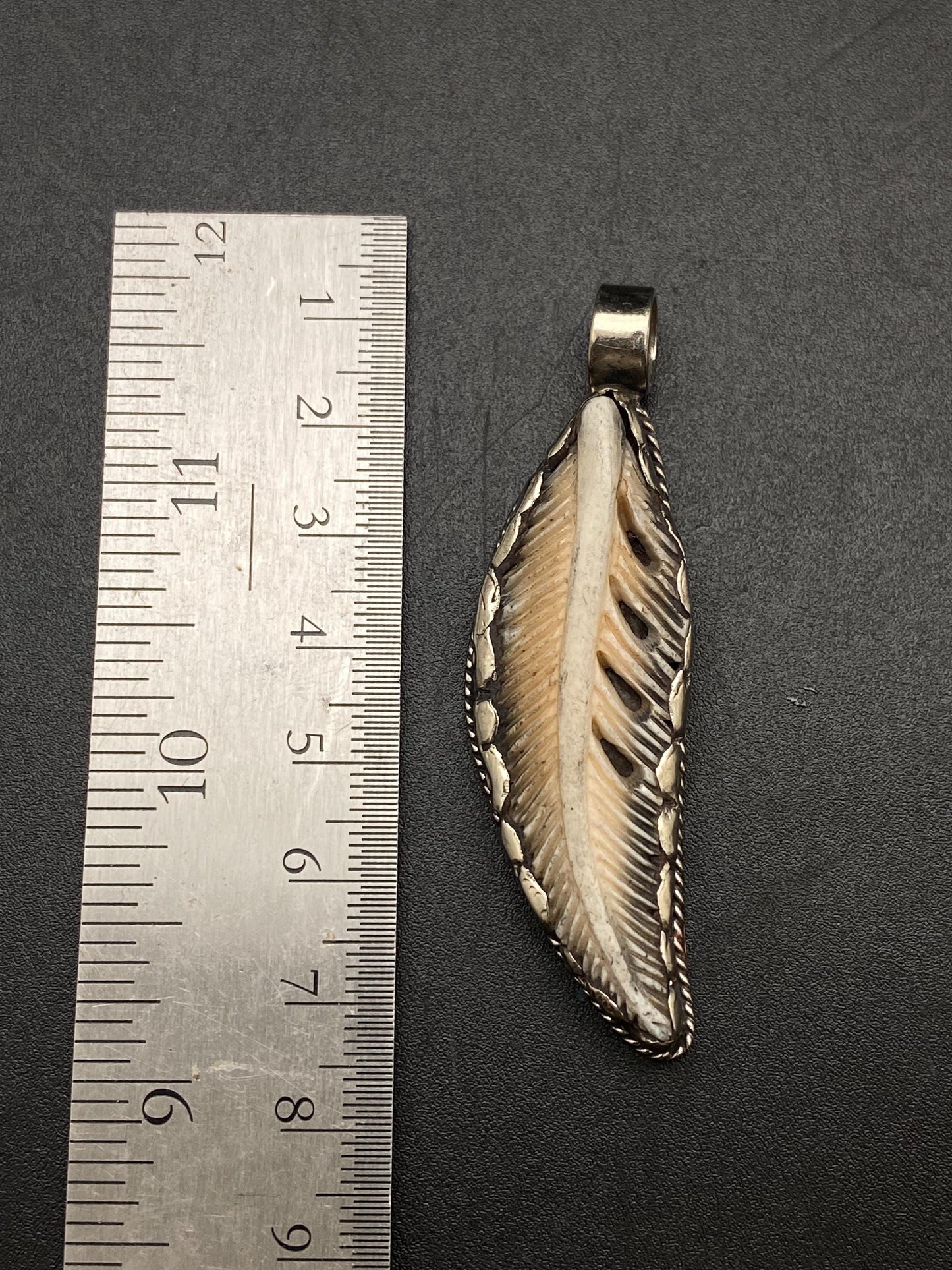 Bone carved feather pendant,handcrafted,Tibetan silver,Nepalese