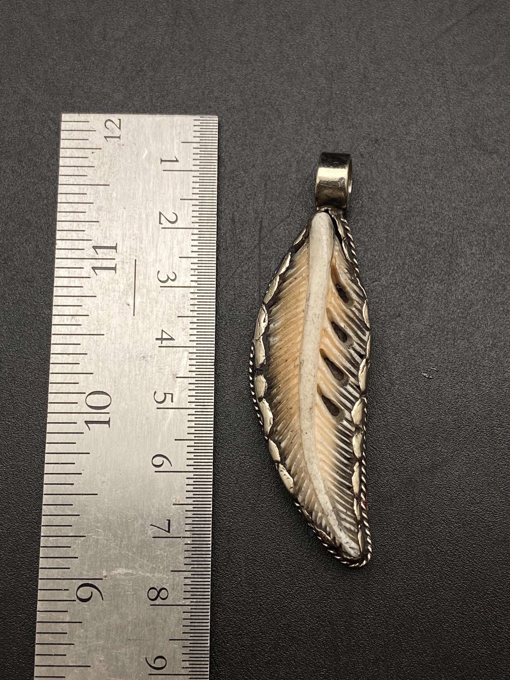 Bone carved feather pendant,handcrafted,Tibetan silver,Nepalese