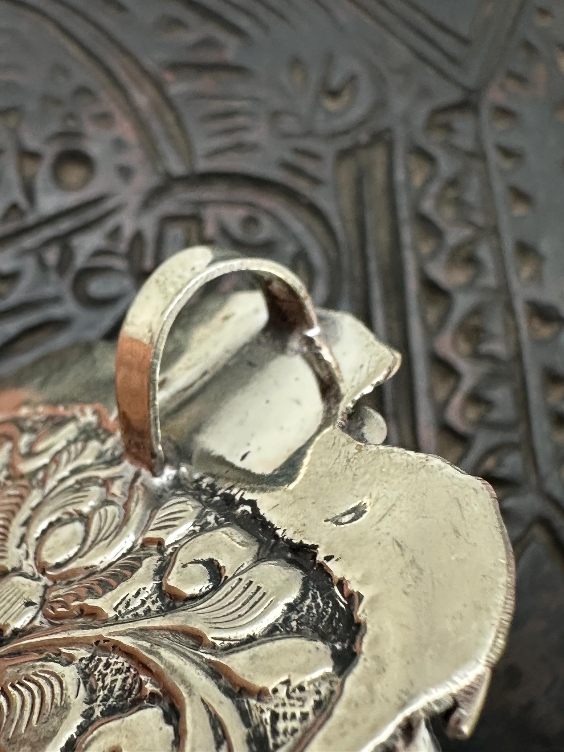 Horus eye pendant, handcrafted water buffalo bone, coin silver