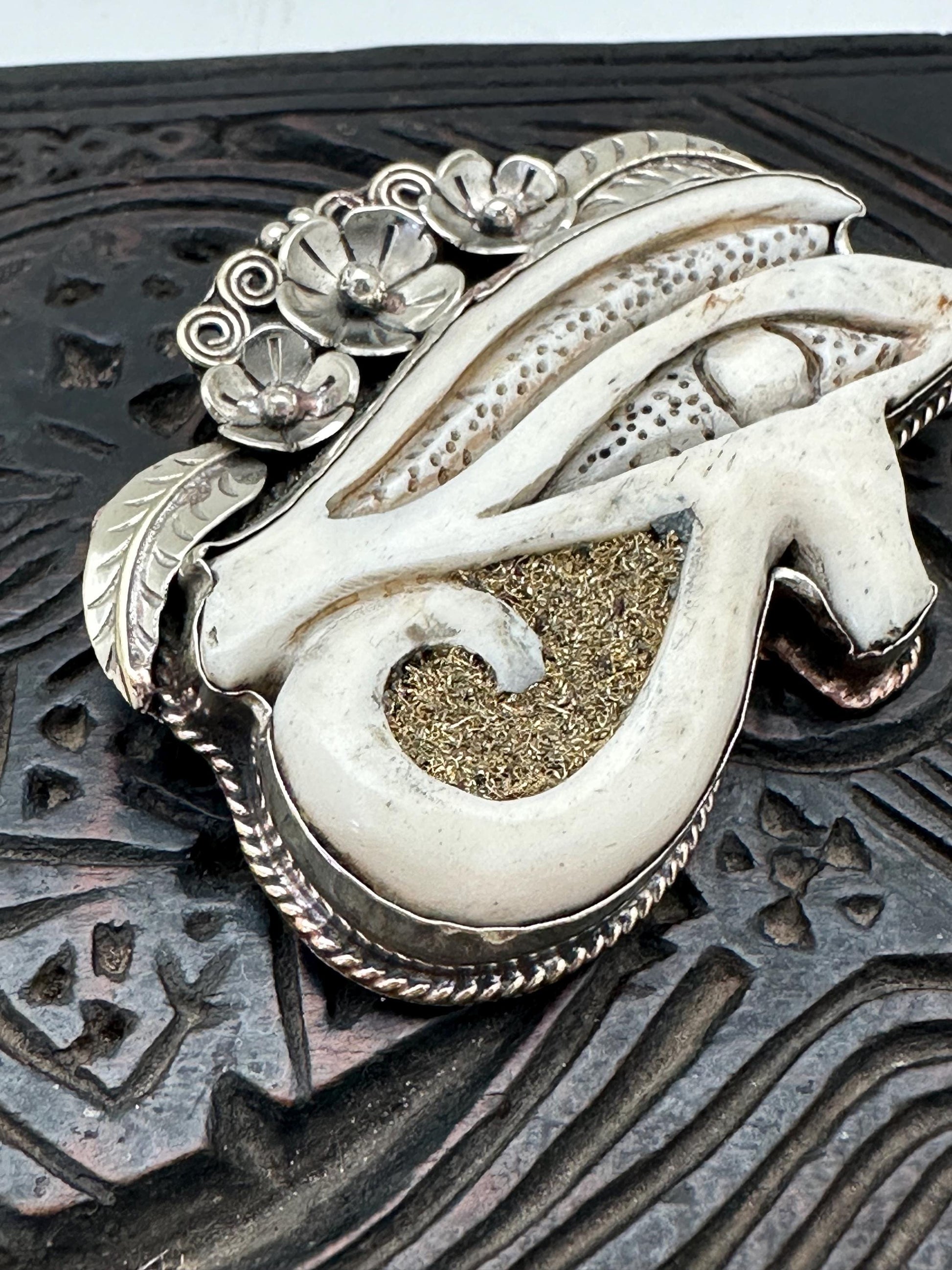 Horus eye pendant, handcrafted water buffalo bone, coin silver