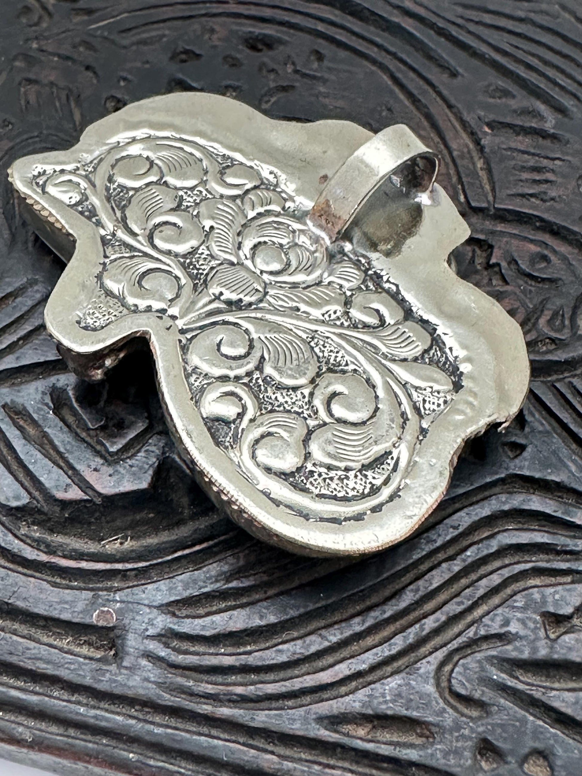 Horus eye pendant, handcrafted water buffalo bone, coin silver