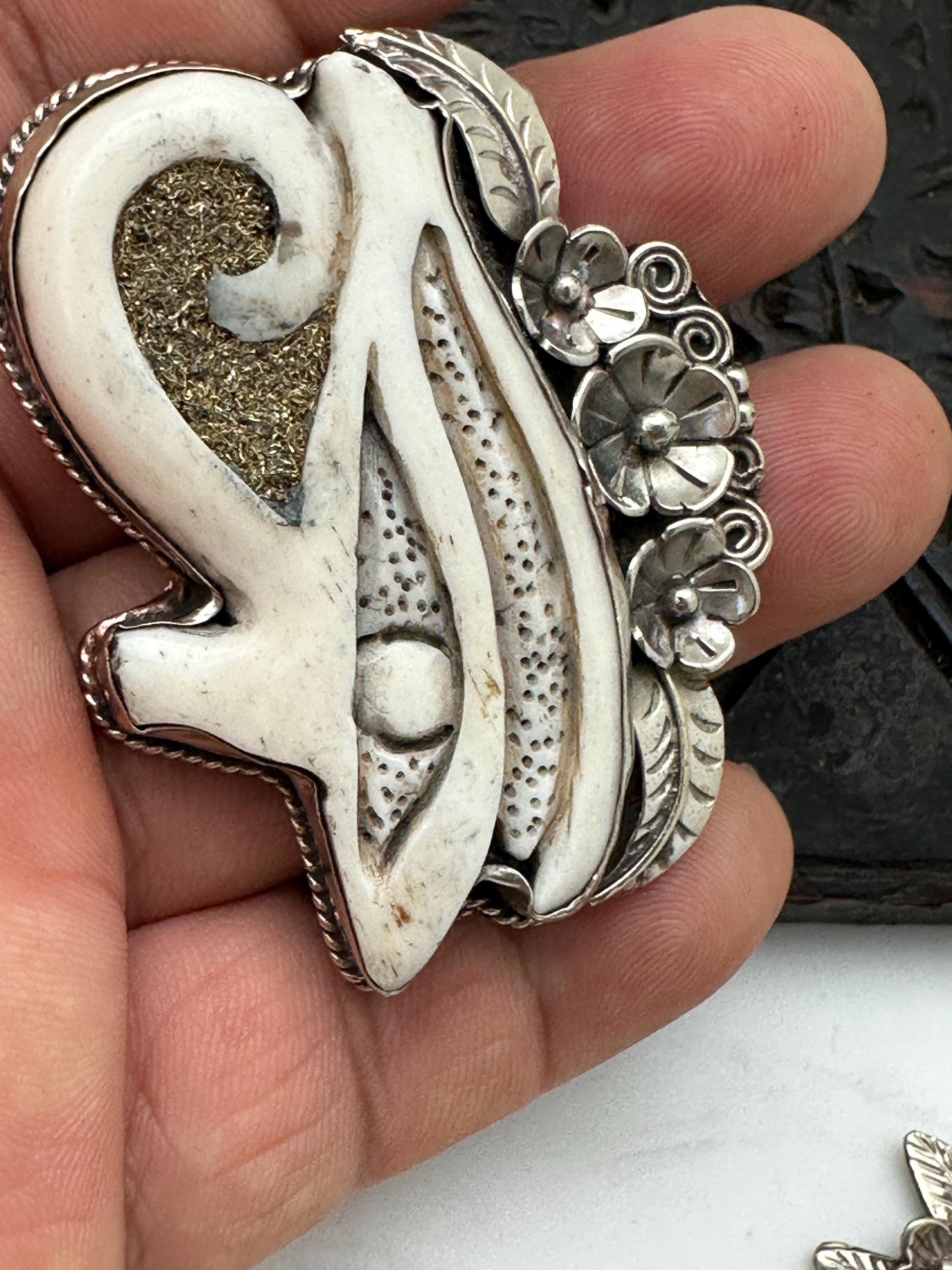 Horus eye pendant, handcrafted water buffalo bone, coin silver