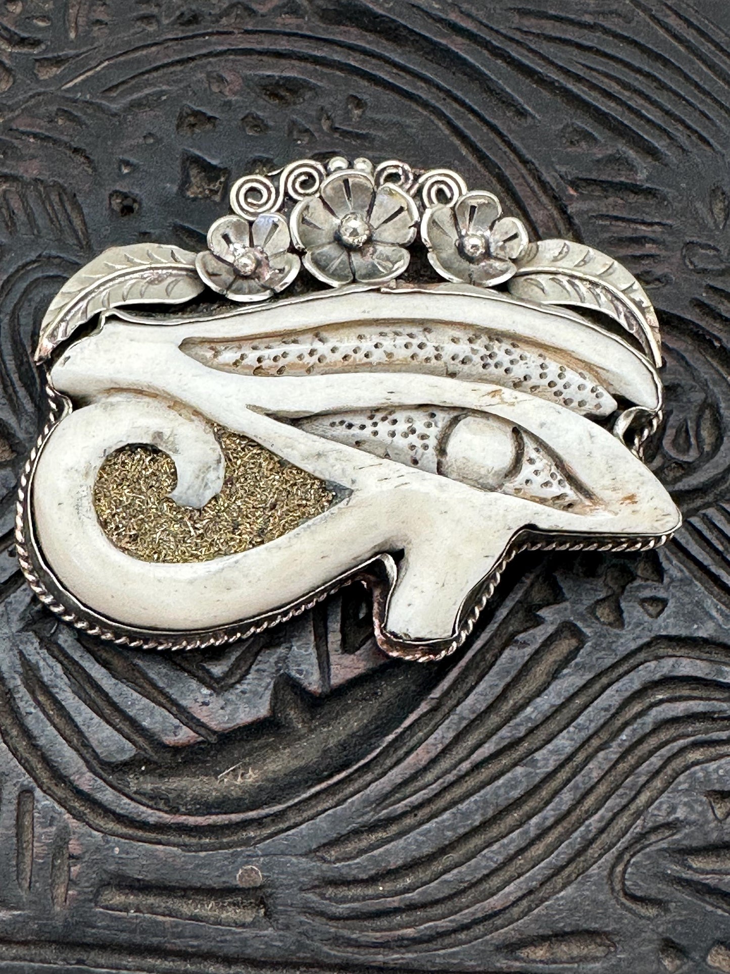 Horus eye pendant, handcrafted water buffalo bone, coin silver
