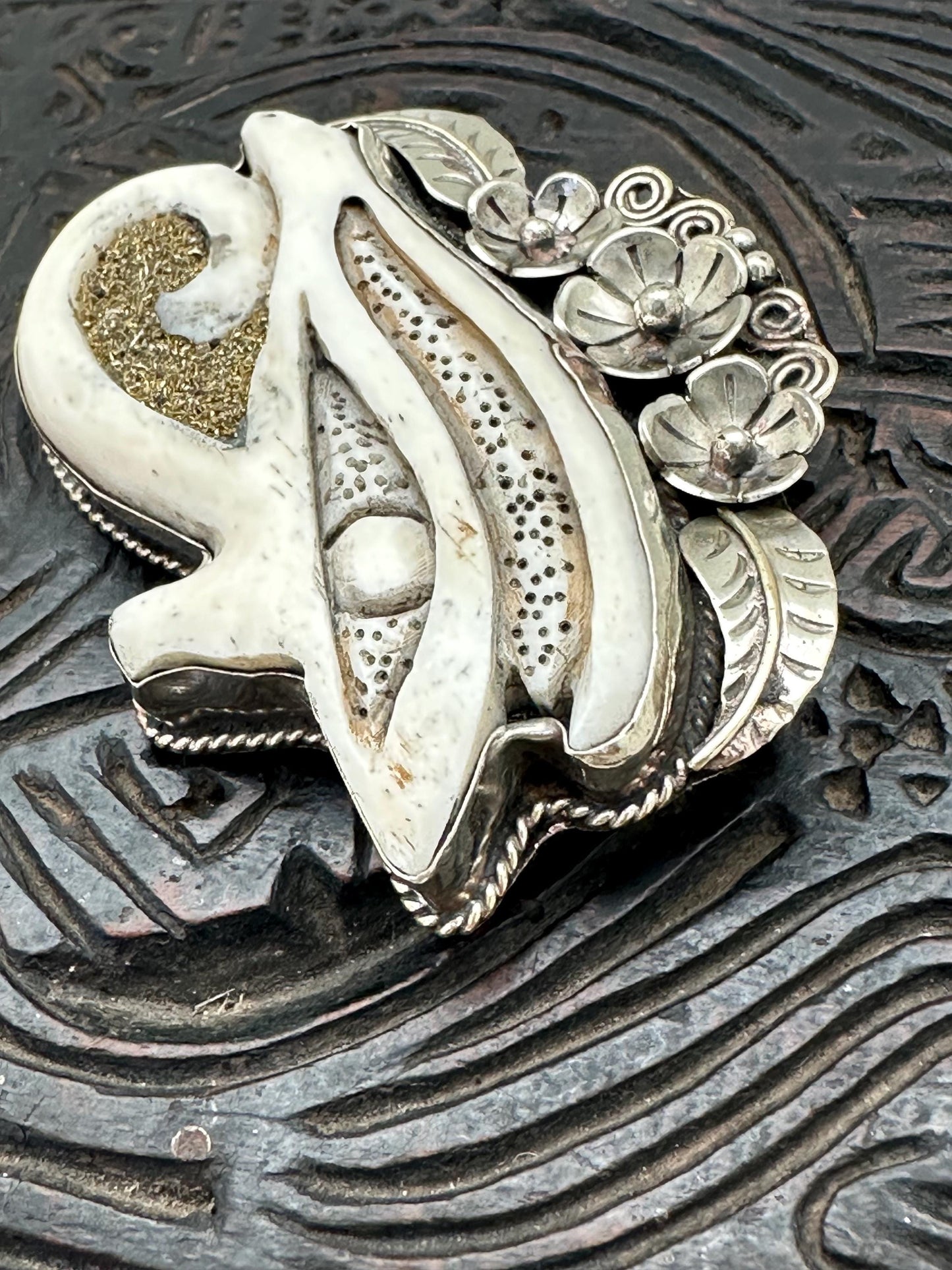 Horus eye pendant, handcrafted water buffalo bone, coin silver
