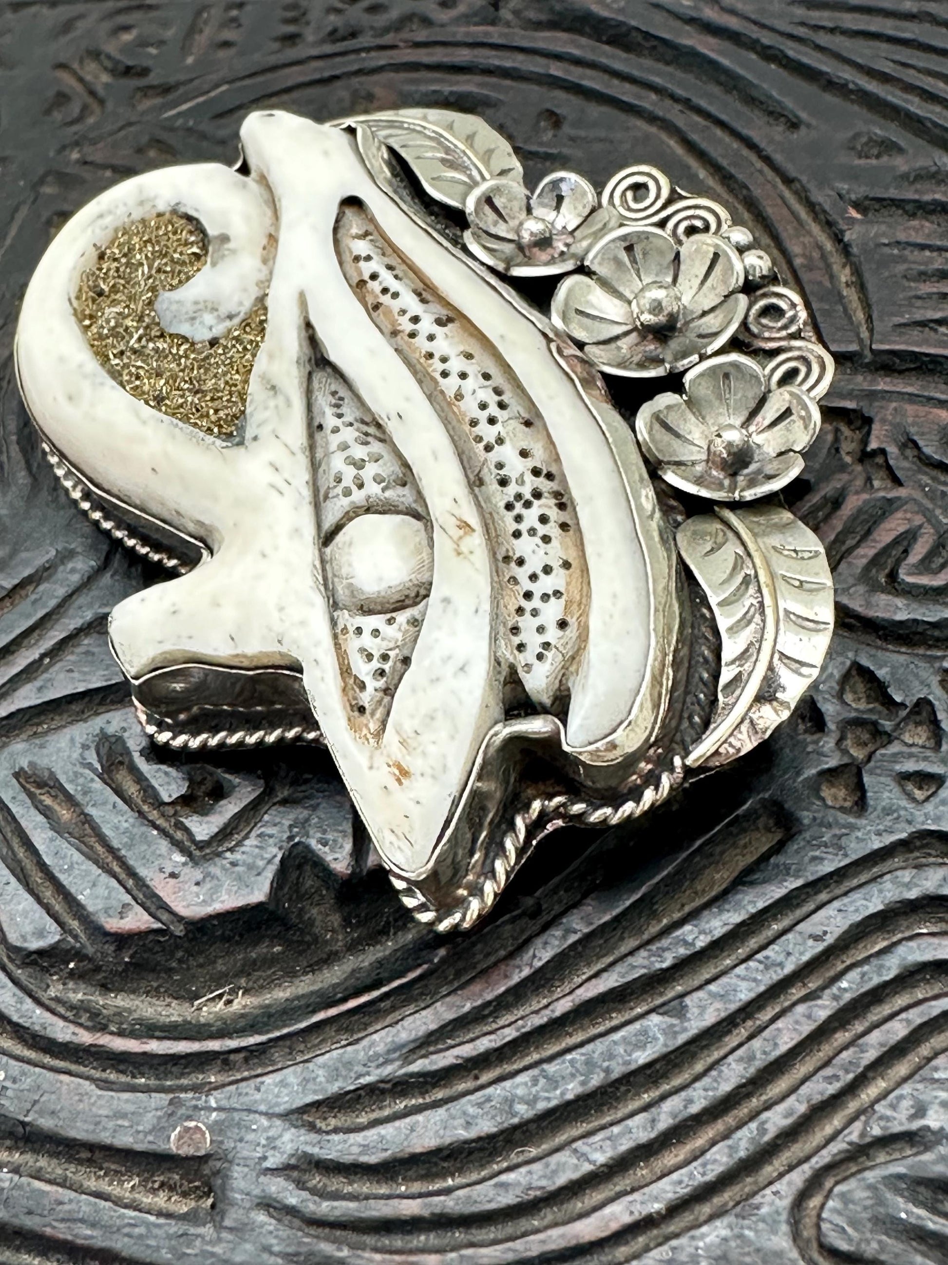 Horus eye pendant, handcrafted water buffalo bone, coin silver