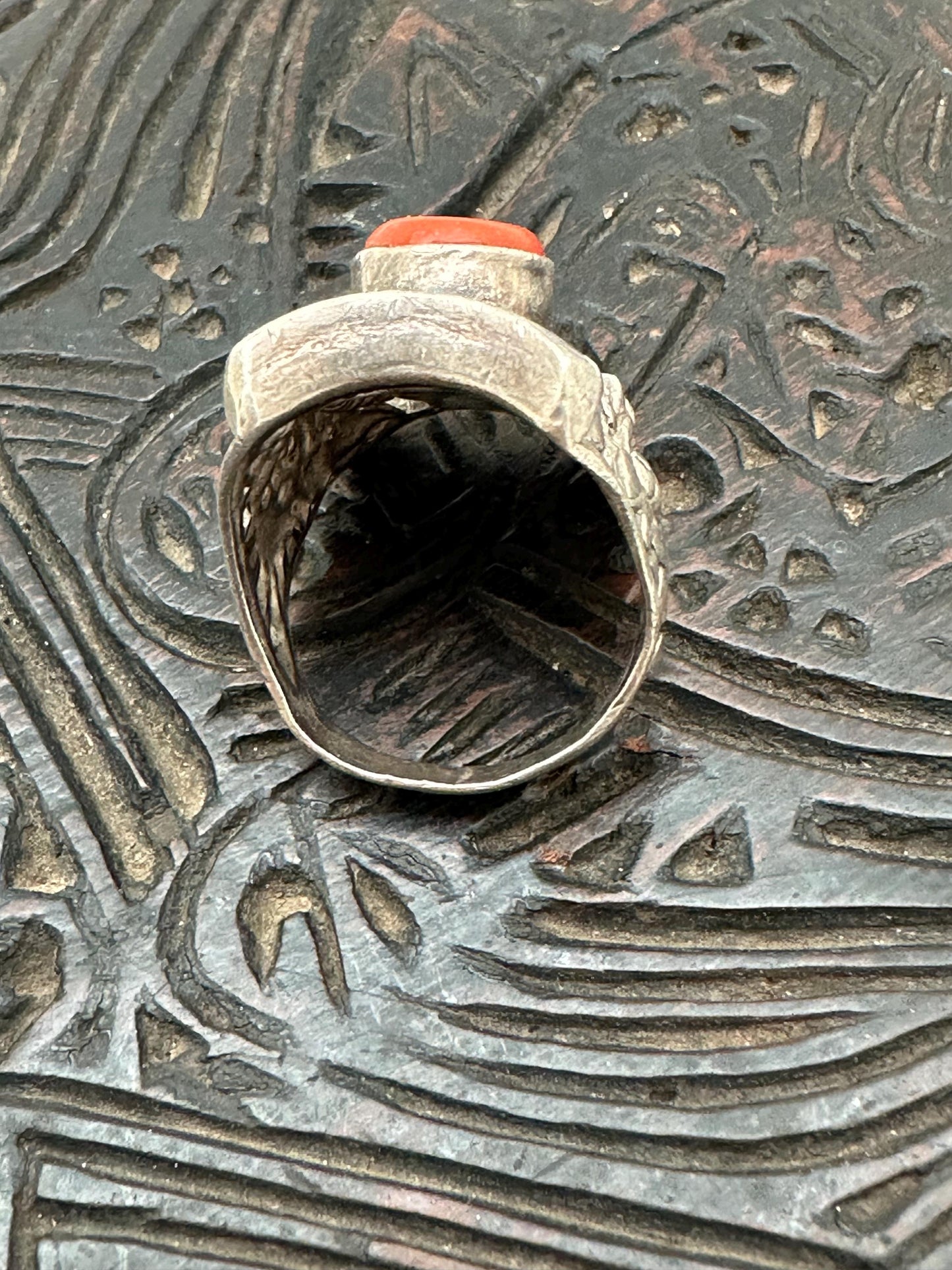 Handcrafted Tibetan Sterling Silver Saddle Ring: Natural Coral