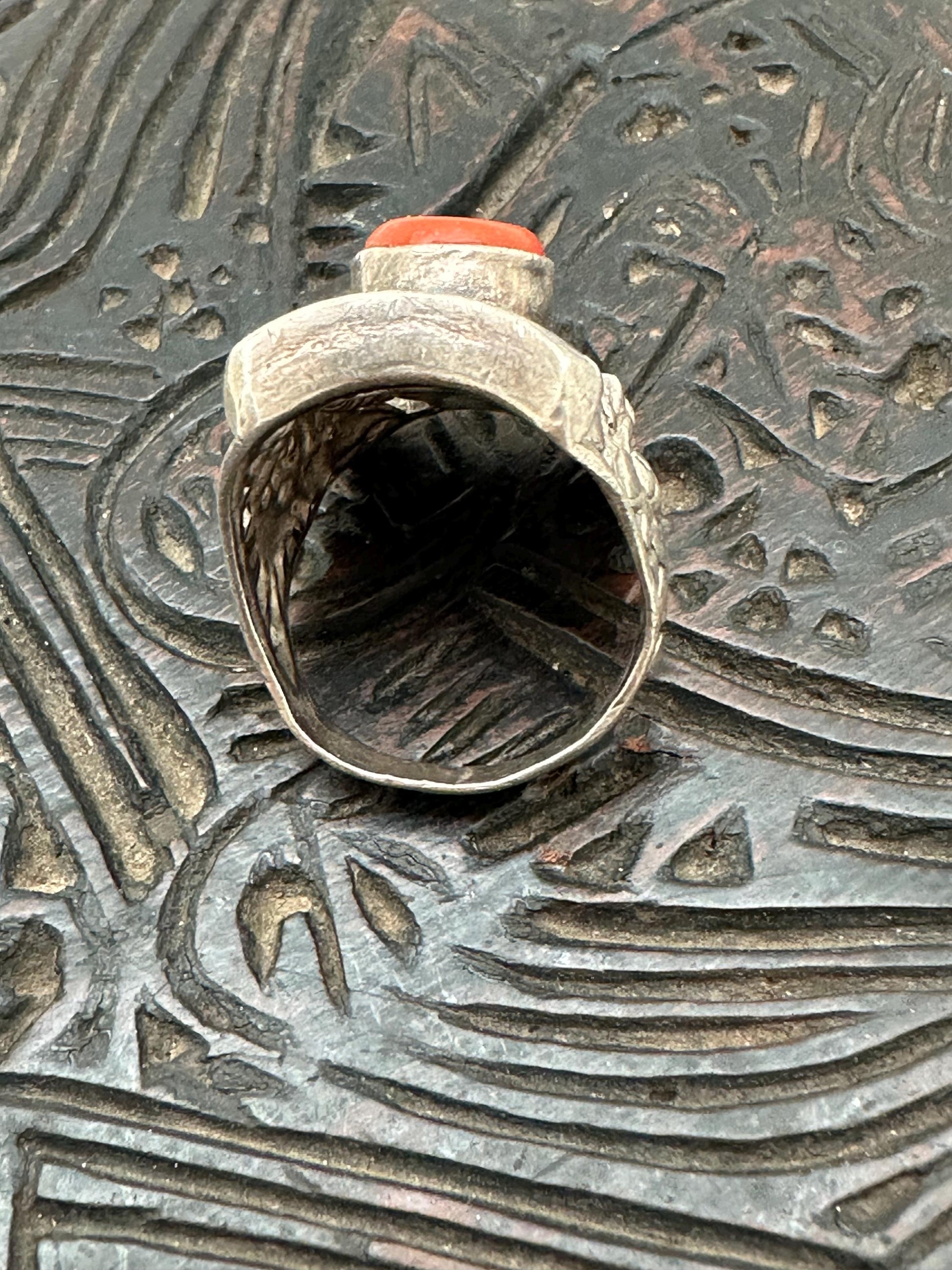 Handcrafted Tibetan Sterling Silver Saddle Ring: Natural Coral