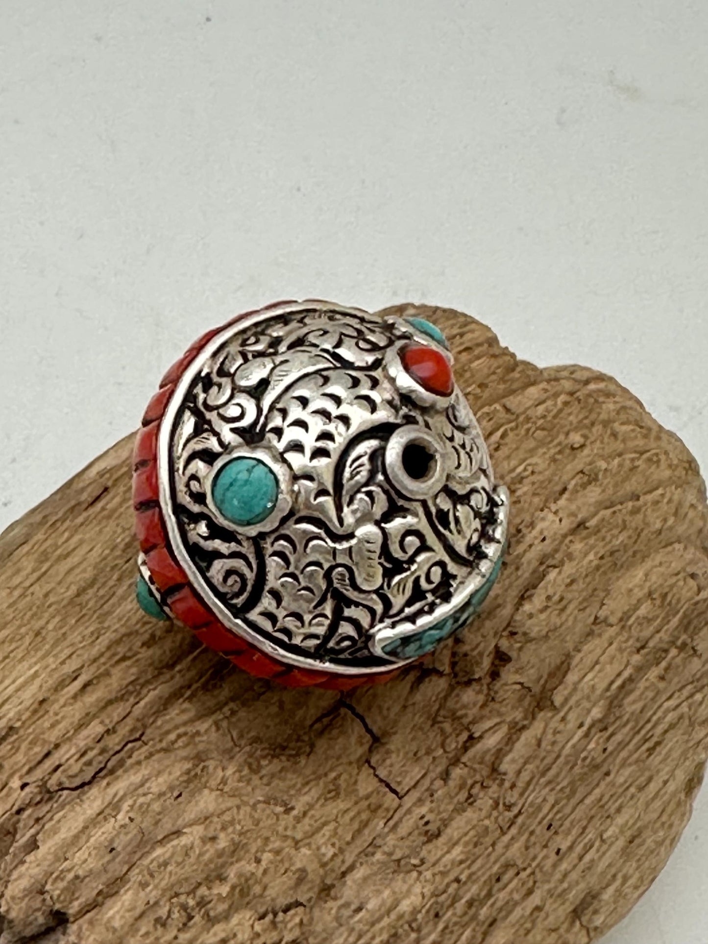 Tibetan beads, sterling silver bead, inlaid turquoise and coral, all natural