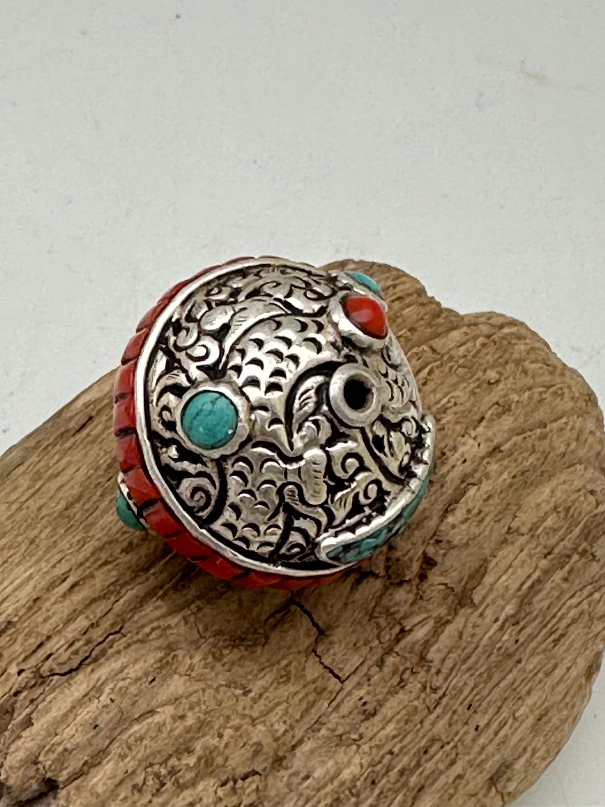 Tibetan beads, sterling silver bead, inlaid turquoise and coral, all natural