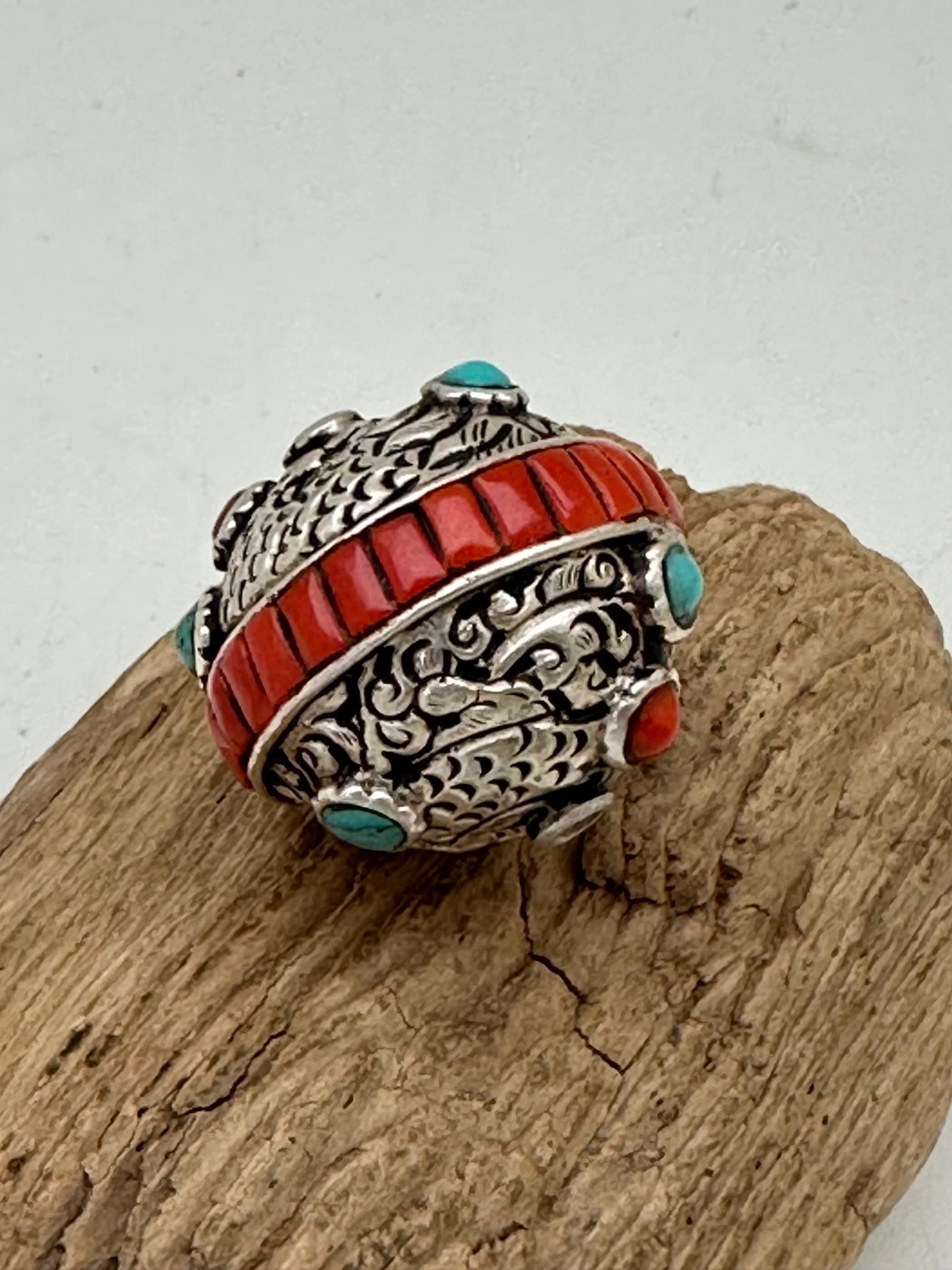 Tibetan beads, sterling silver bead, inlaid turquoise and coral, all natural