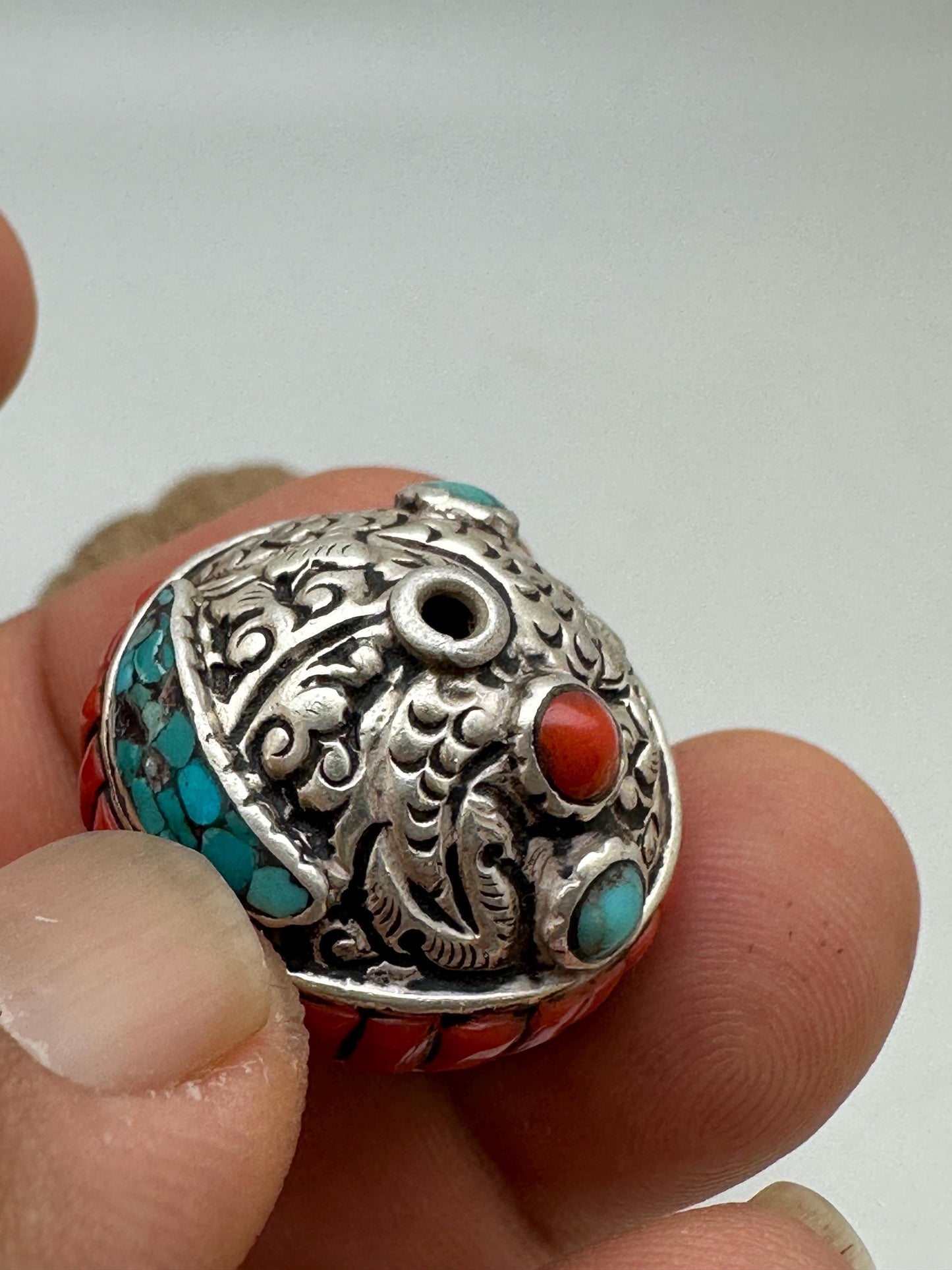 Tibetan beads, sterling silver bead, inlaid turquoise and coral, all natural