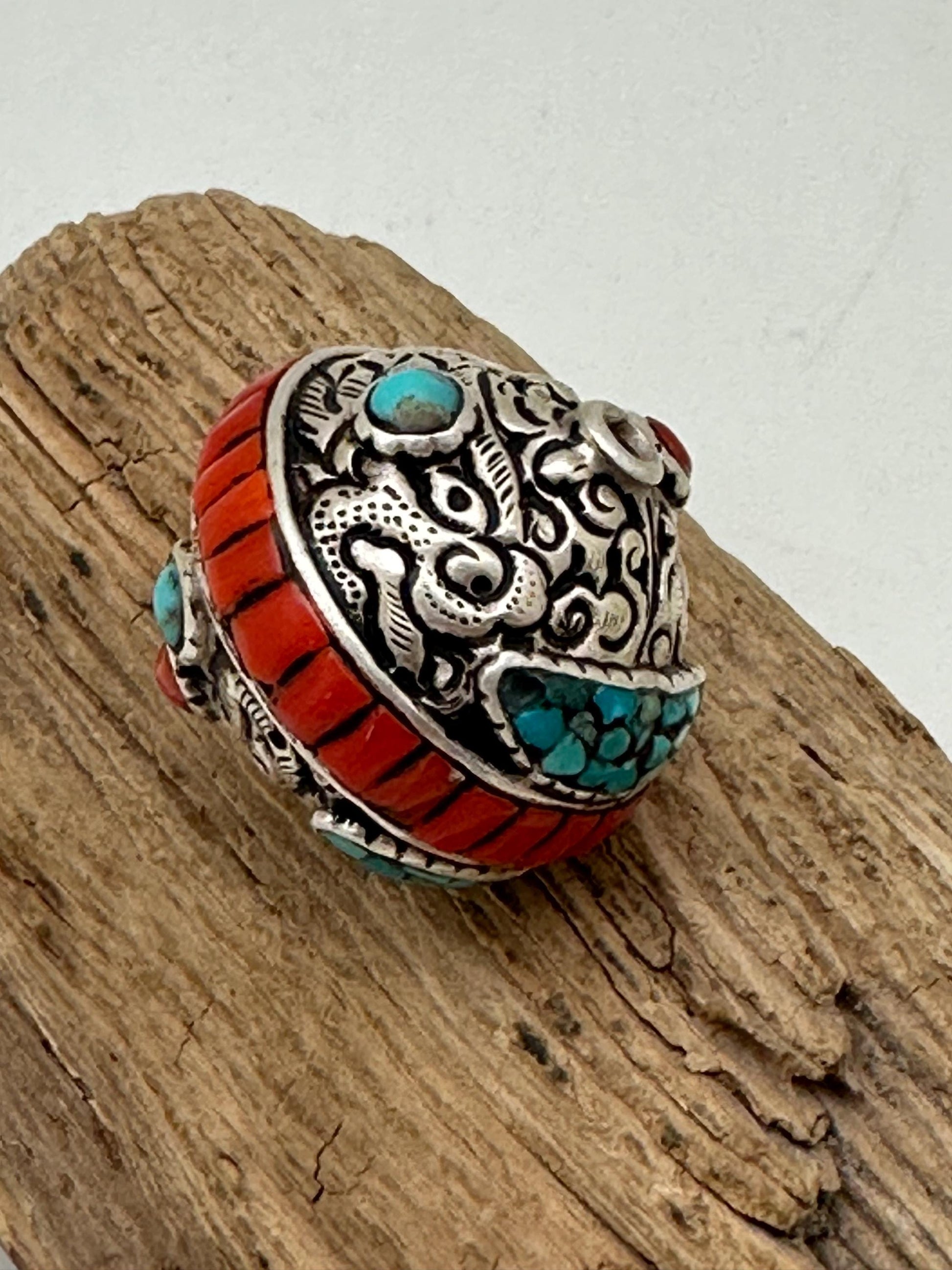 Tibetan beads, sterling silver bead, inlaid turquoise and coral, all natural