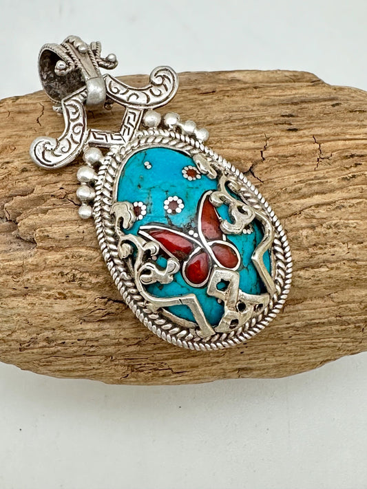 Tibetan turquoise butterfly pendant, coral inlay sterling silver, handcrafted, Tibetan design, Nepalese