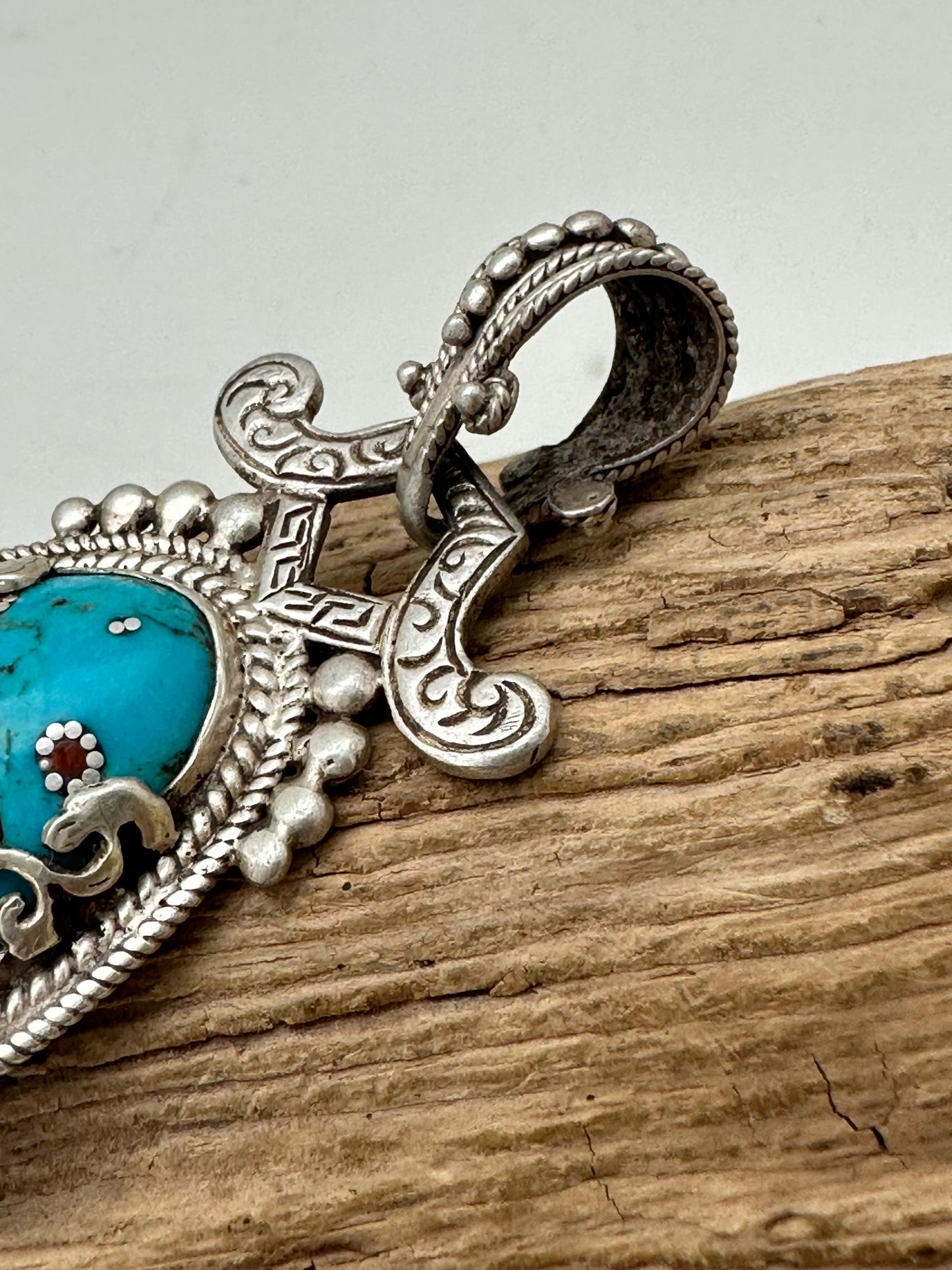 Tibetan turquoise butterfly pendant, coral inlay sterling silver, handcrafted, Tibetan design, Nepalese