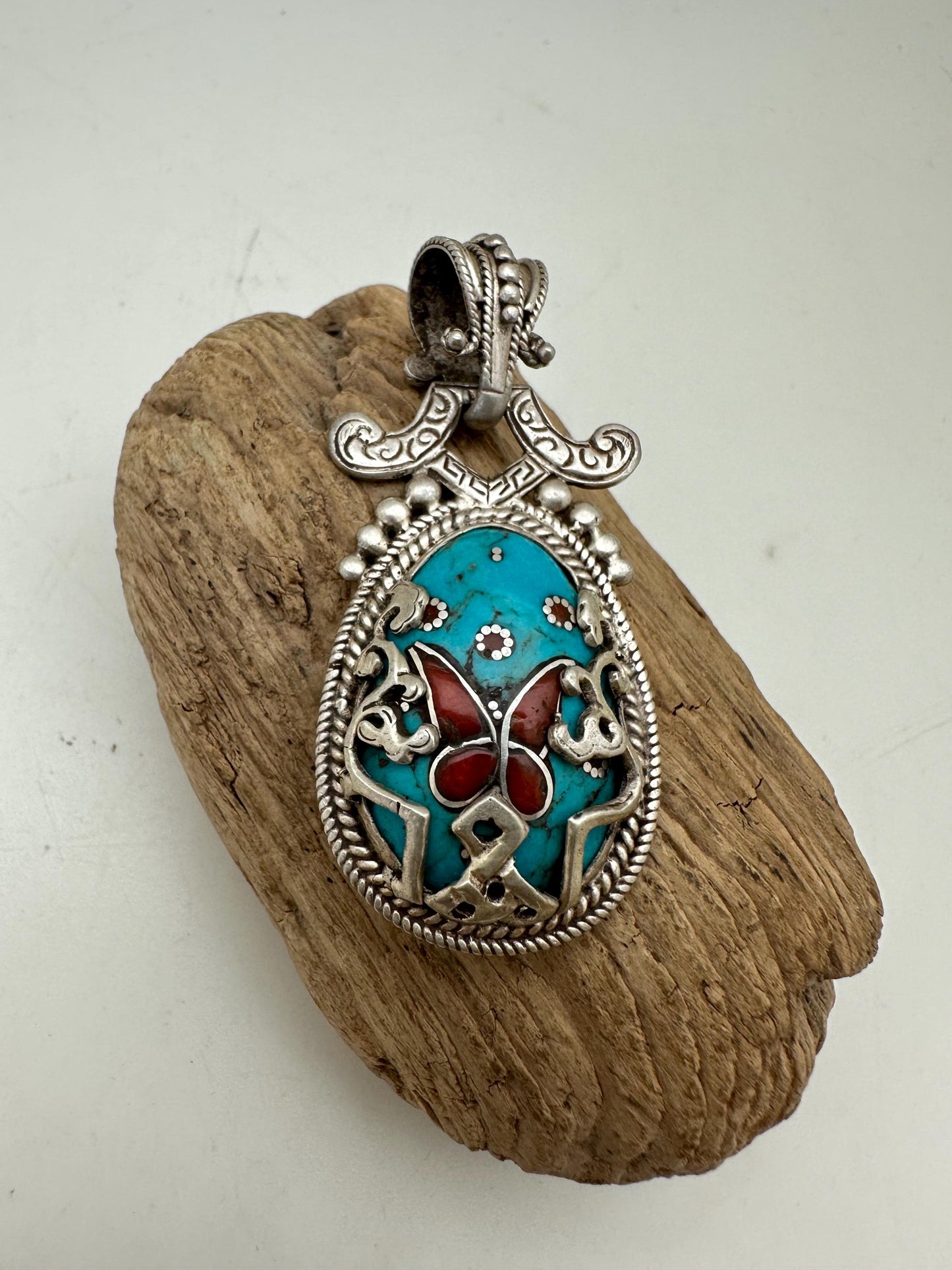 Tibetan turquoise butterfly pendant, coral inlay sterling silver, handcrafted, Tibetan design, Nepalese