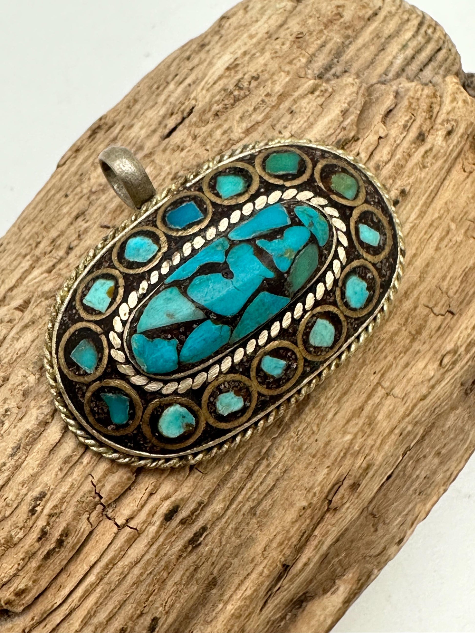 Tibetan pendant, inlaid turquoise with brass, handcrafted, ethnic design