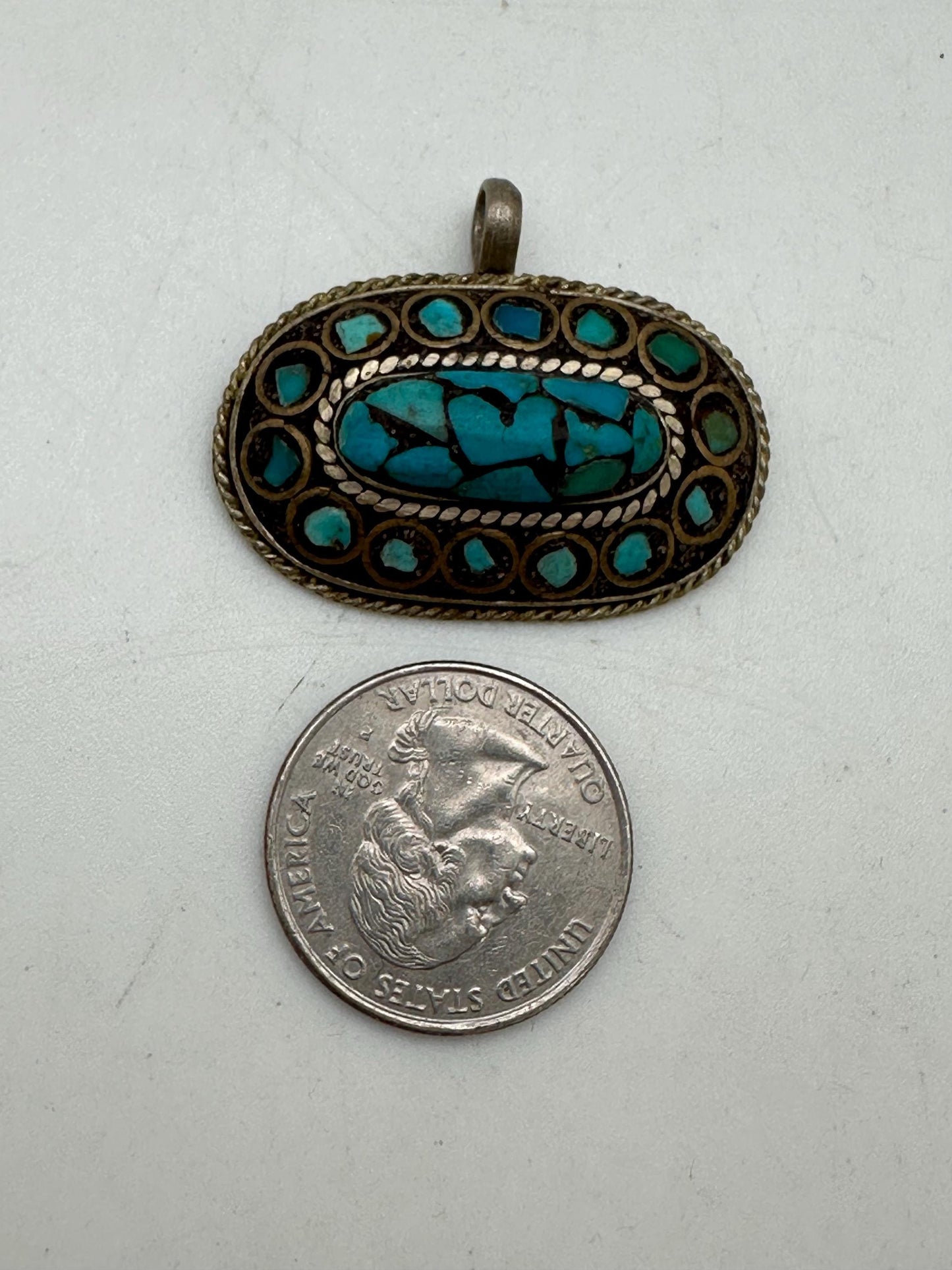 Tibetan pendant, inlaid turquoise with brass, handcrafted, ethnic design
