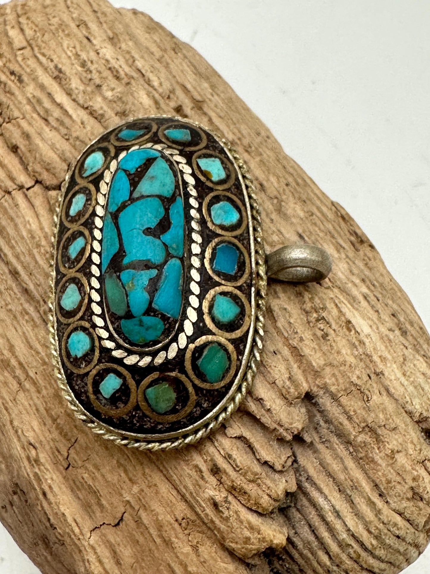 Tibetan pendant, inlaid turquoise with brass, handcrafted, ethnic design