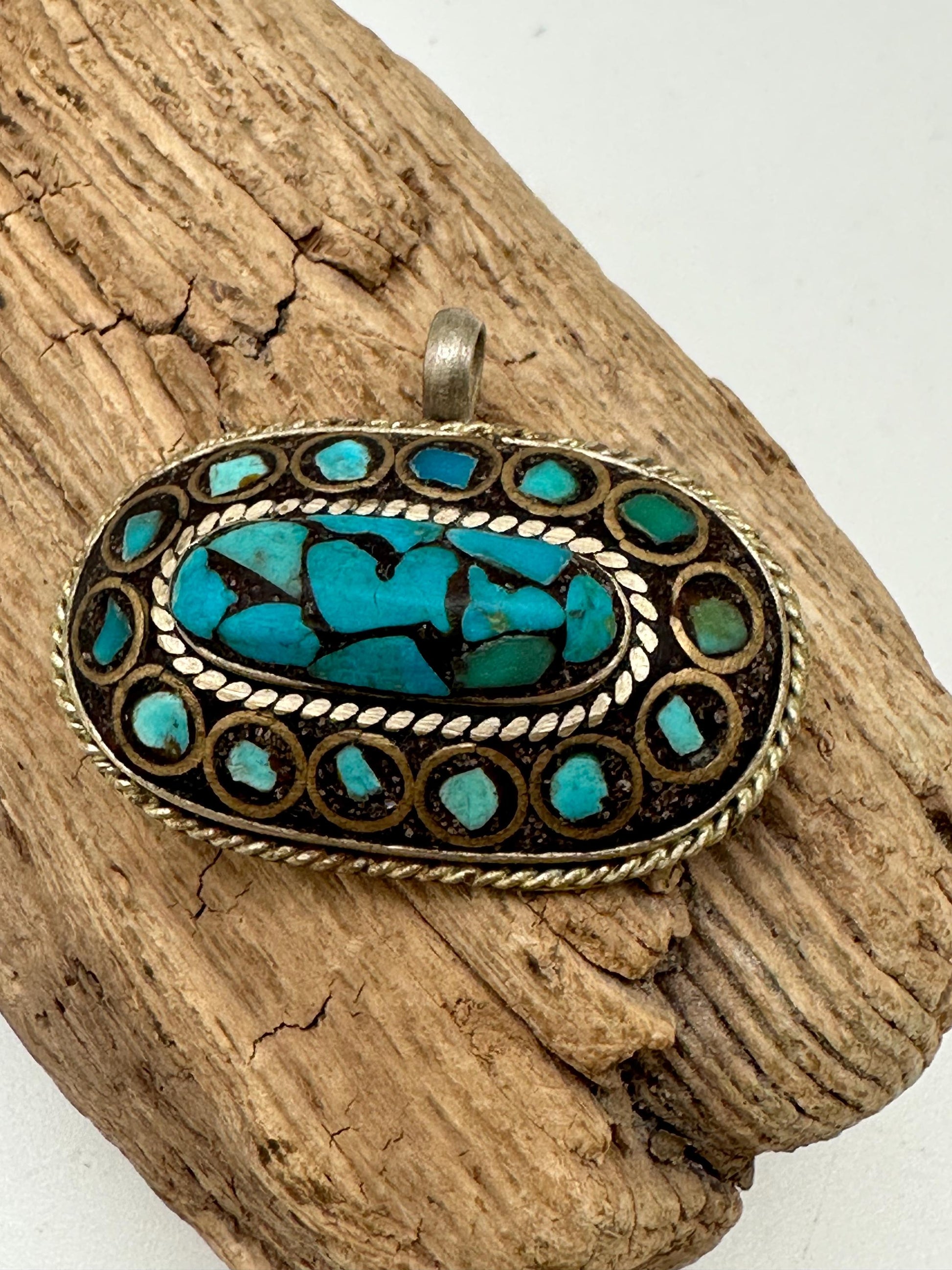 Tibetan pendant, inlaid turquoise with brass, handcrafted, ethnic design