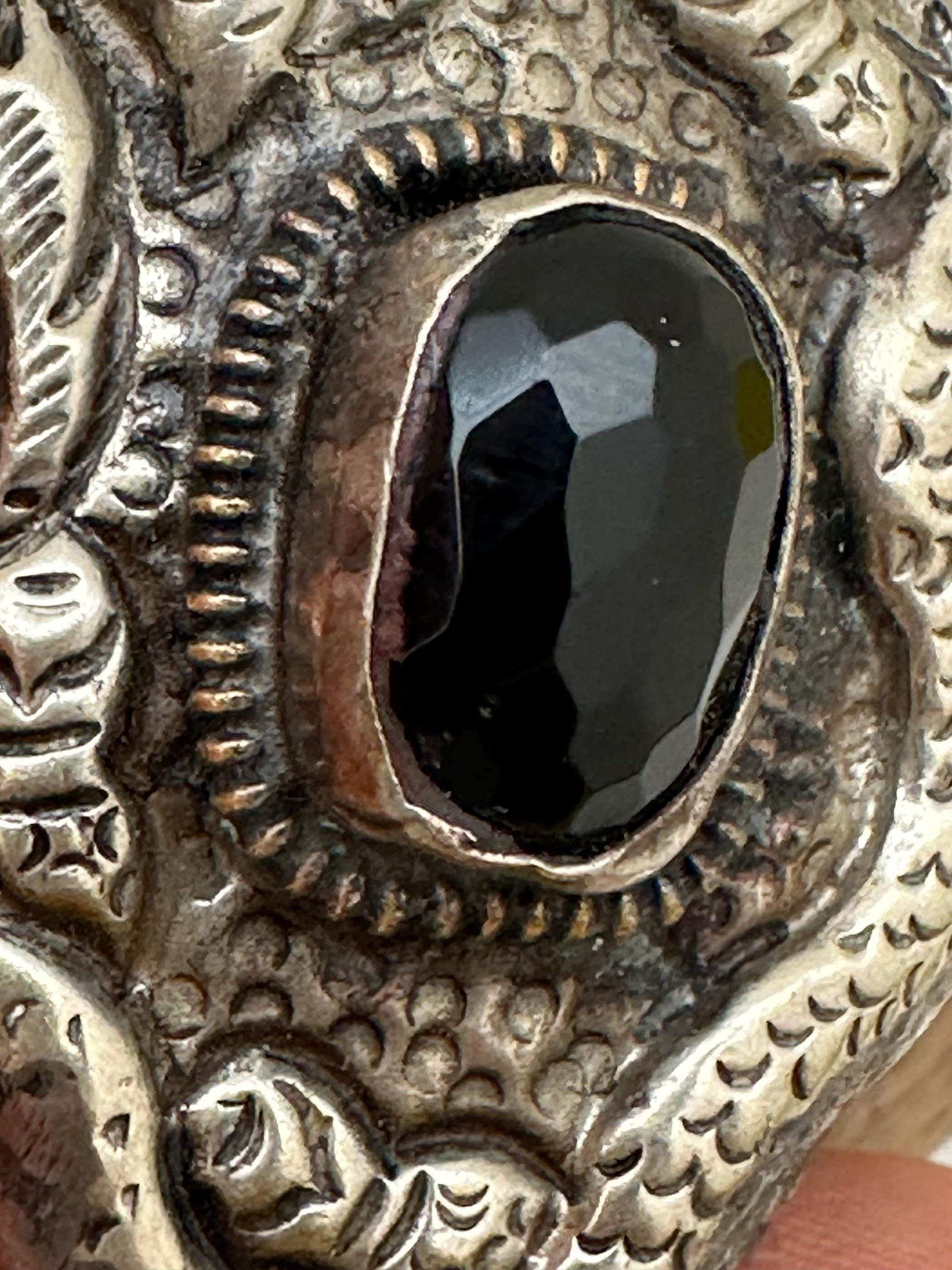 Dragon pendant, set with black onyx ,Tibetan repousse silver ,58mmX33mm