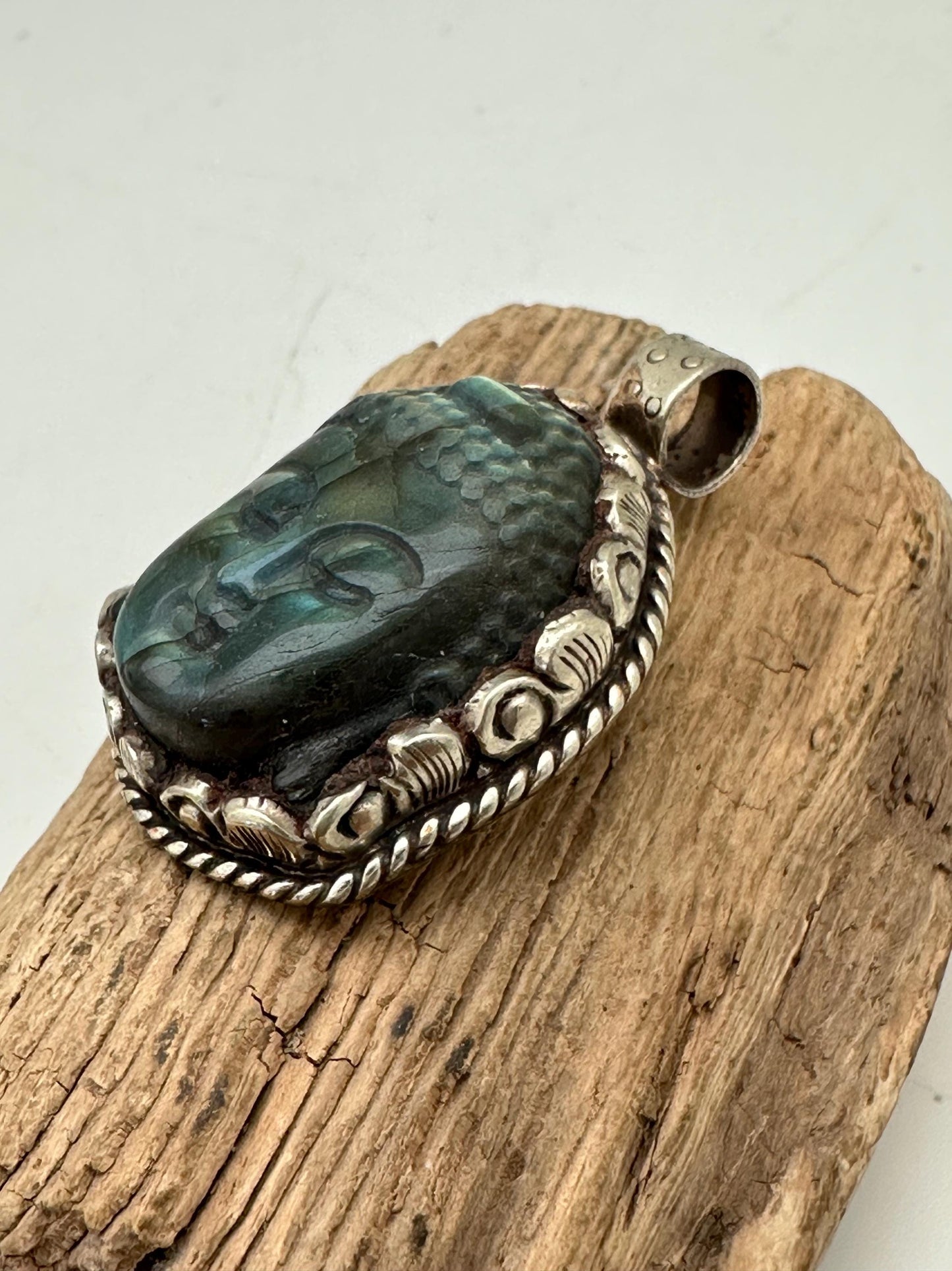 buddha pendant, natural labradorite carving, Buddhist amulet