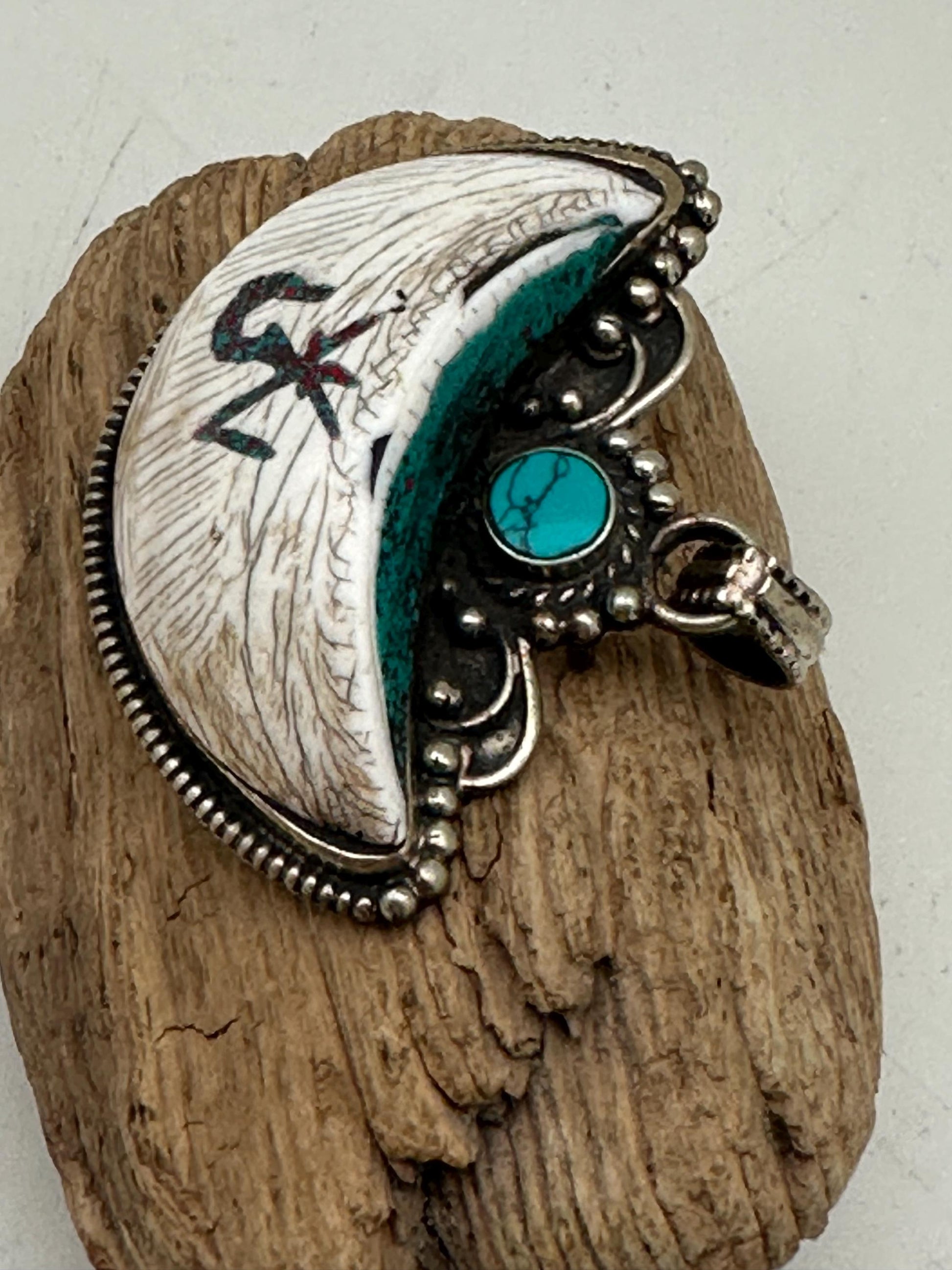 half moon pendant, Tibetan design, shell pendant