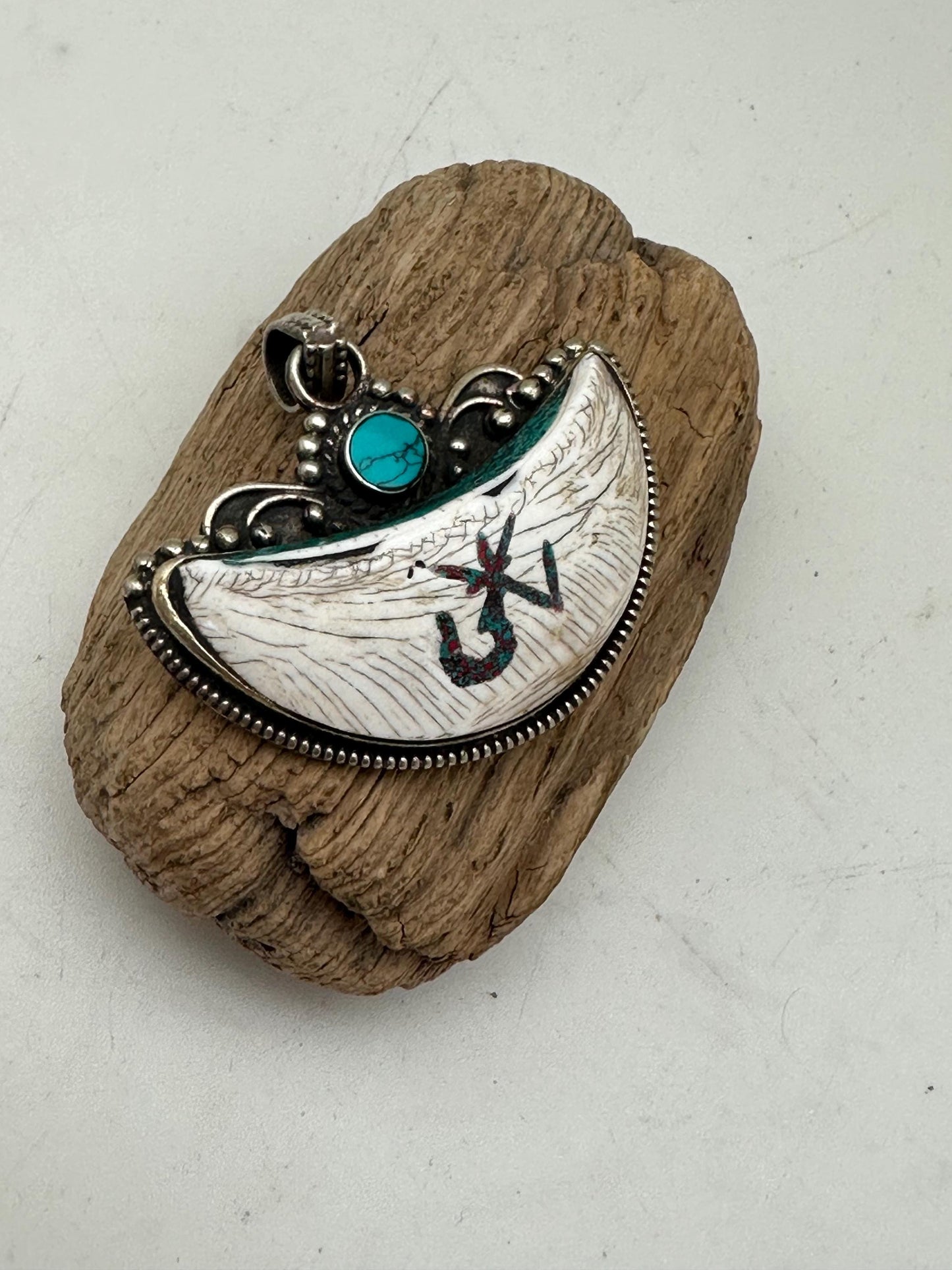 half moon pendant, Tibetan design, shell pendant