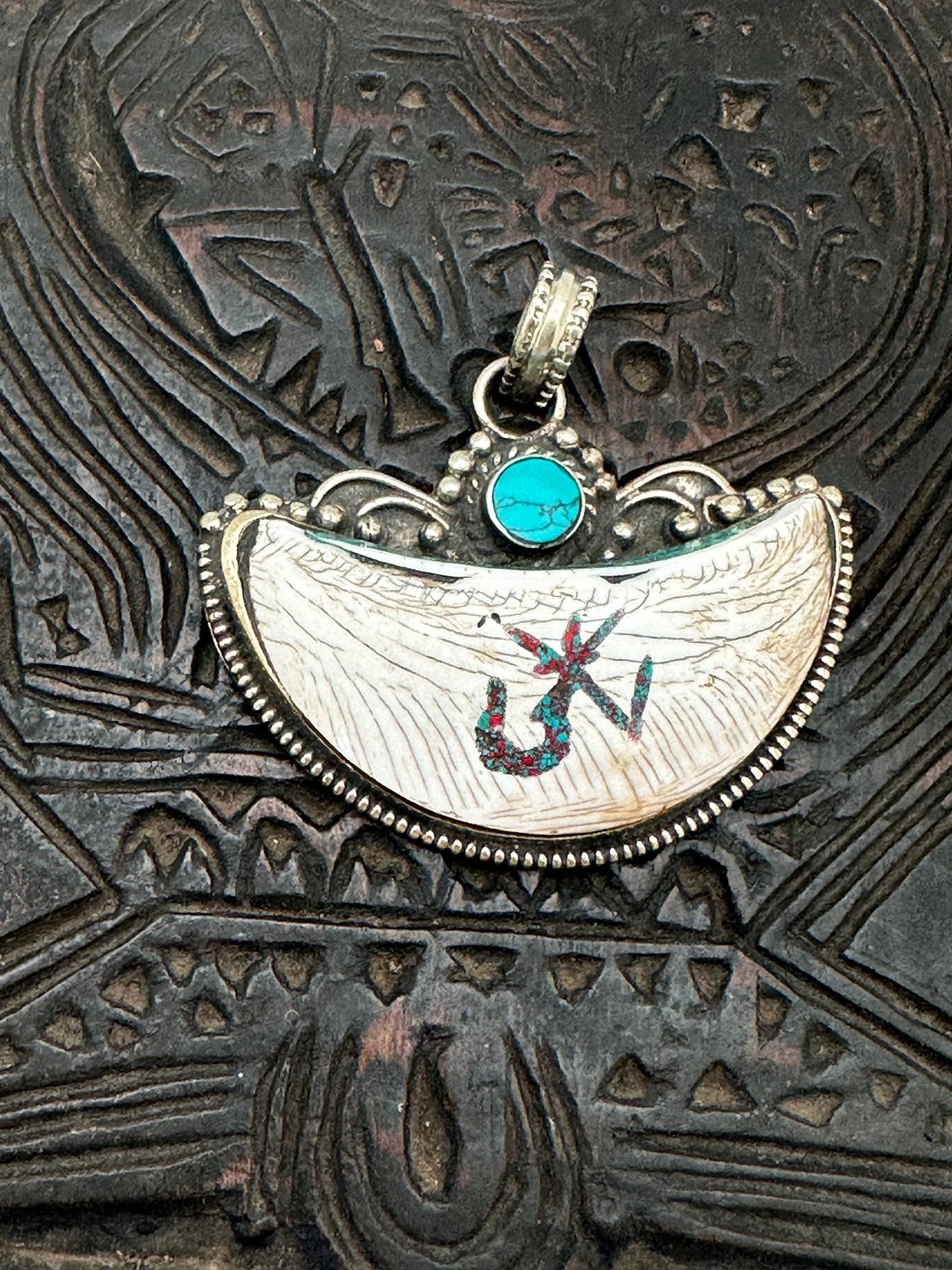half moon pendant, Tibetan design, shell pendant