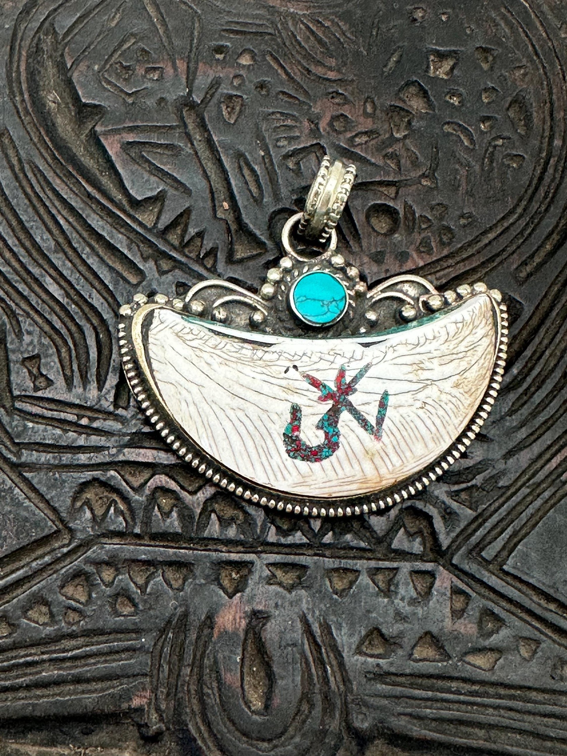 half moon pendant, Tibetan design, shell pendant