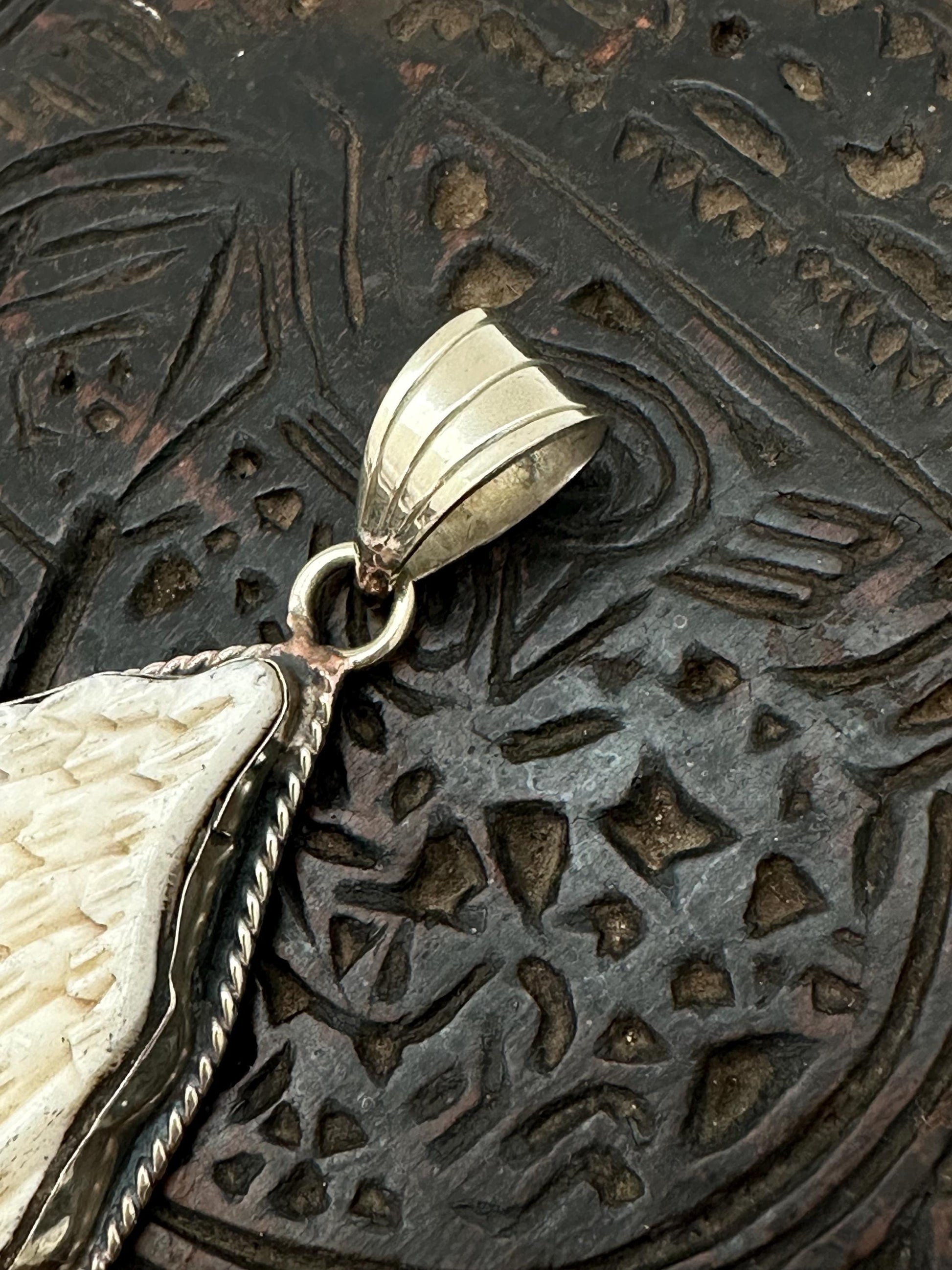 wing pendant, bone carving, energy pendant, Tibetan silver
