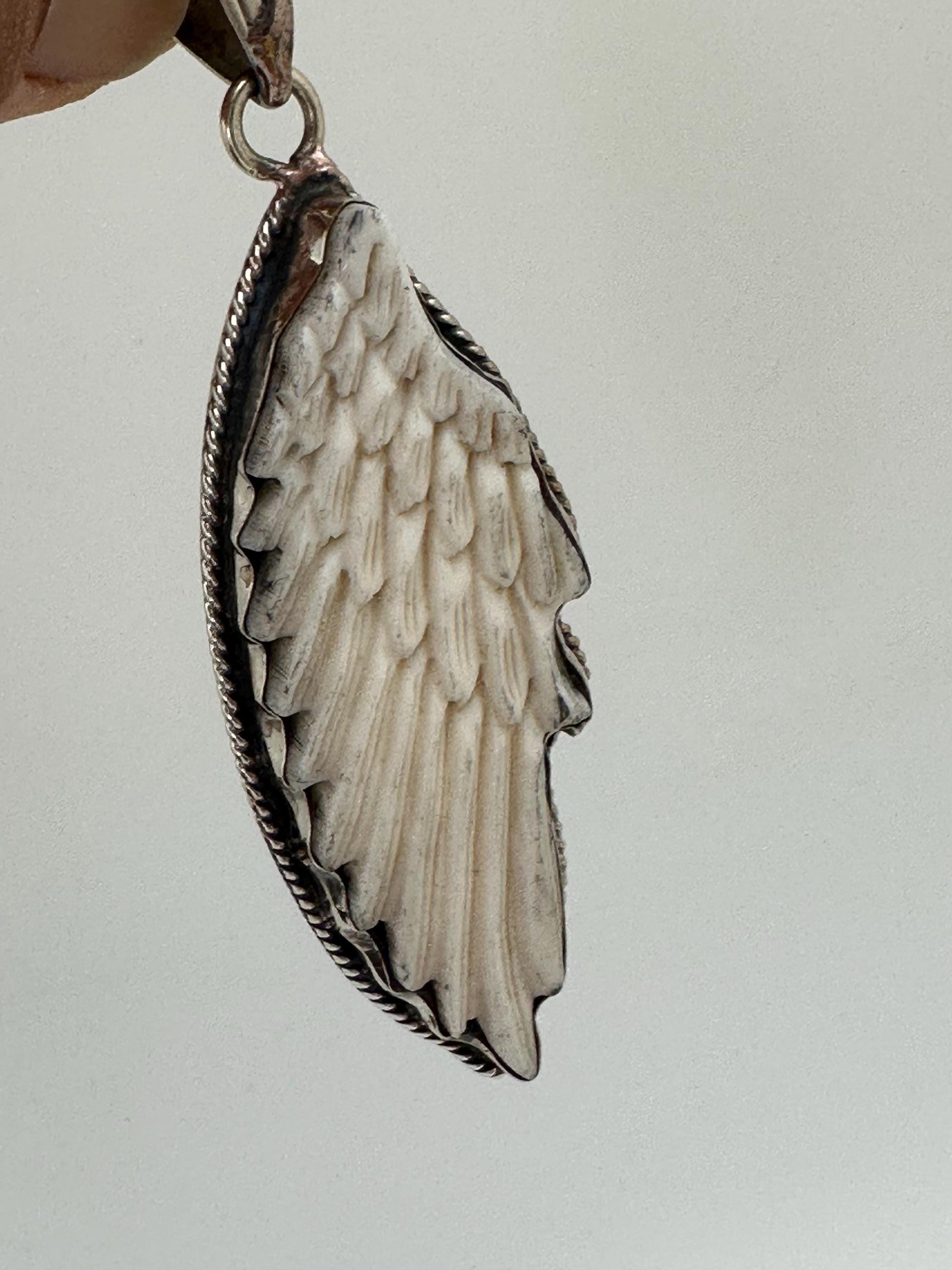 wing pendant, bone carving, energy pendant, Tibetan silver