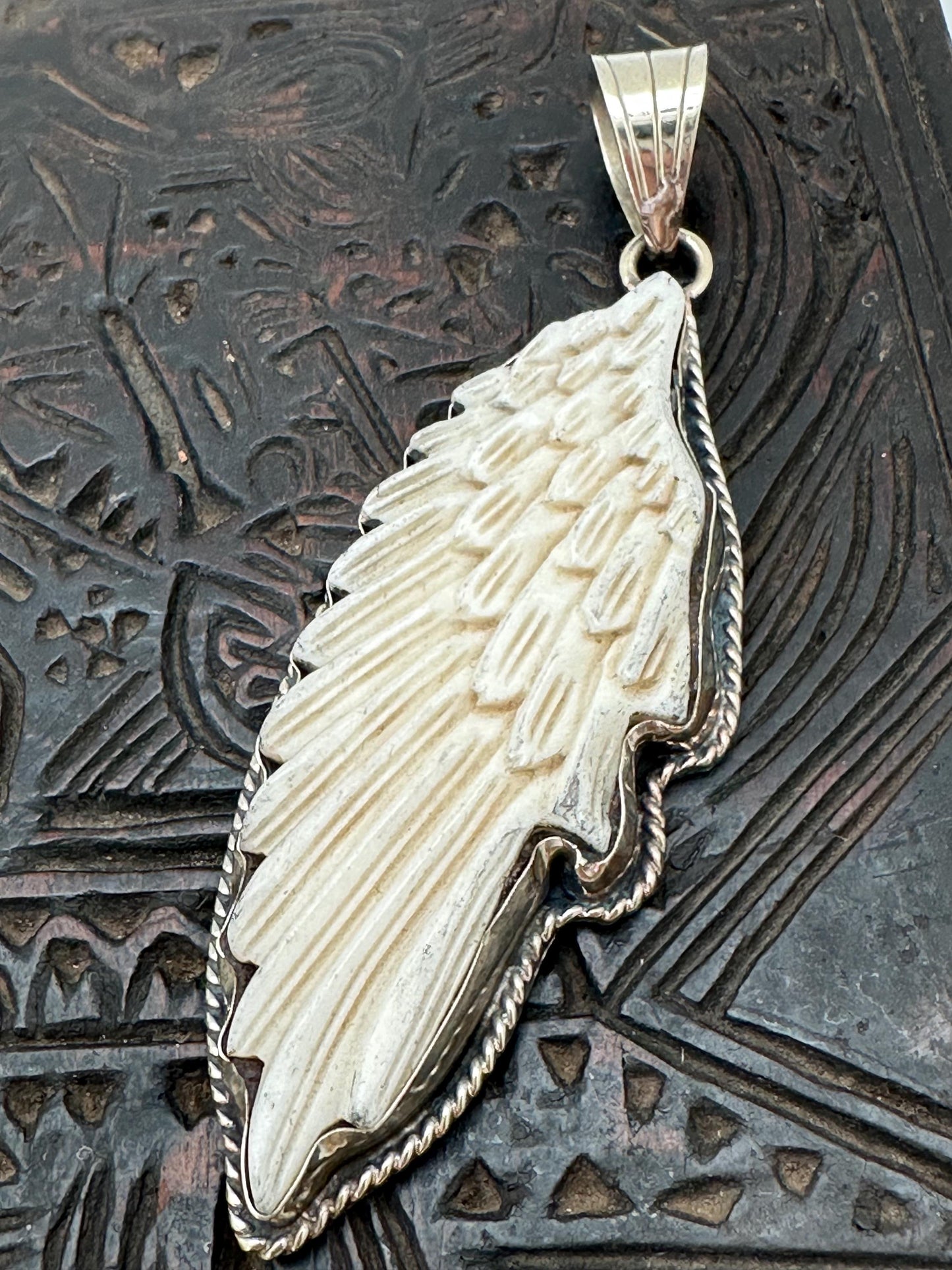 wing pendant, bone carving, energy pendant, Tibetan silver
