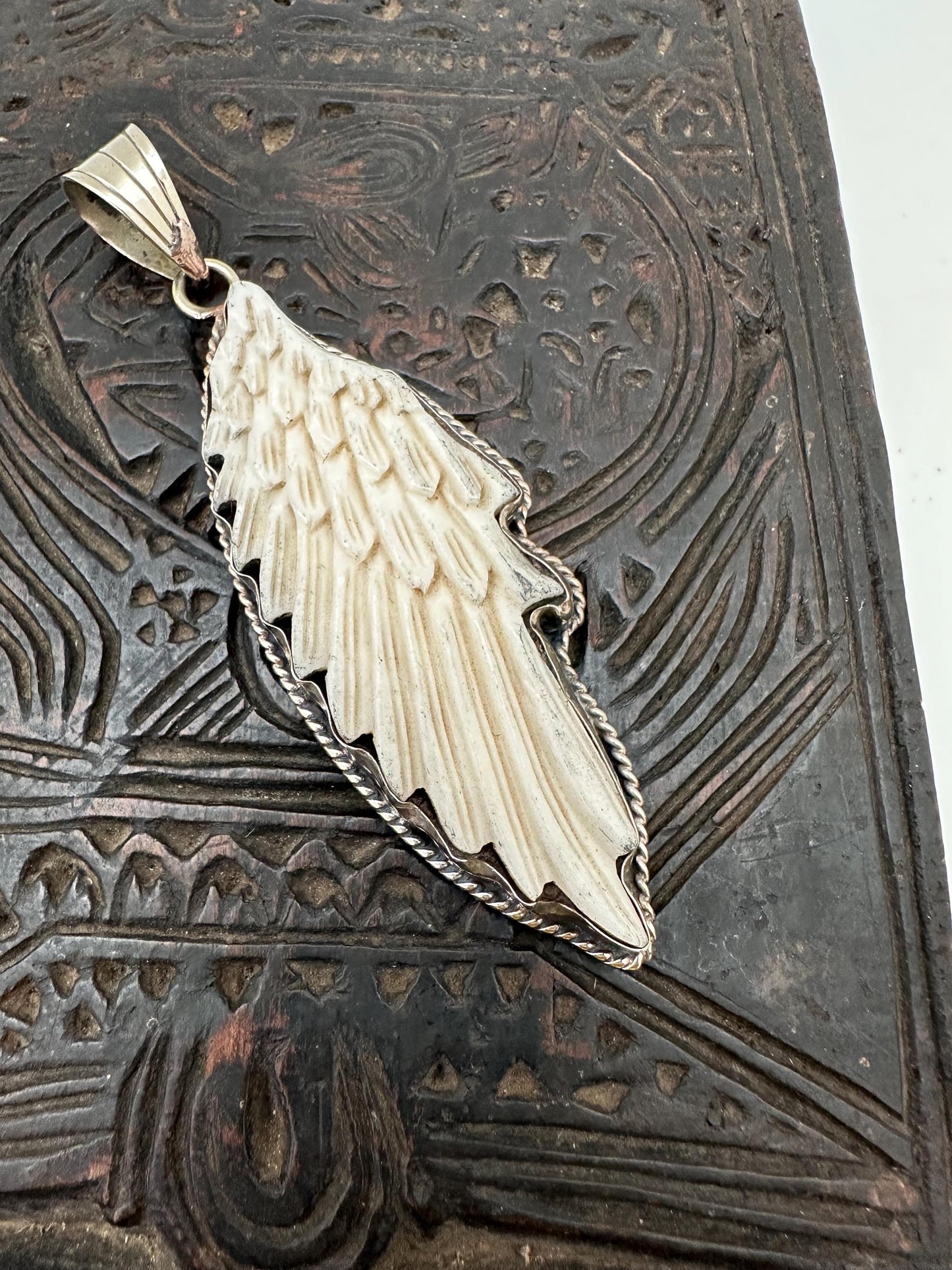 wing pendant, bone carving, energy pendant, Tibetan silver